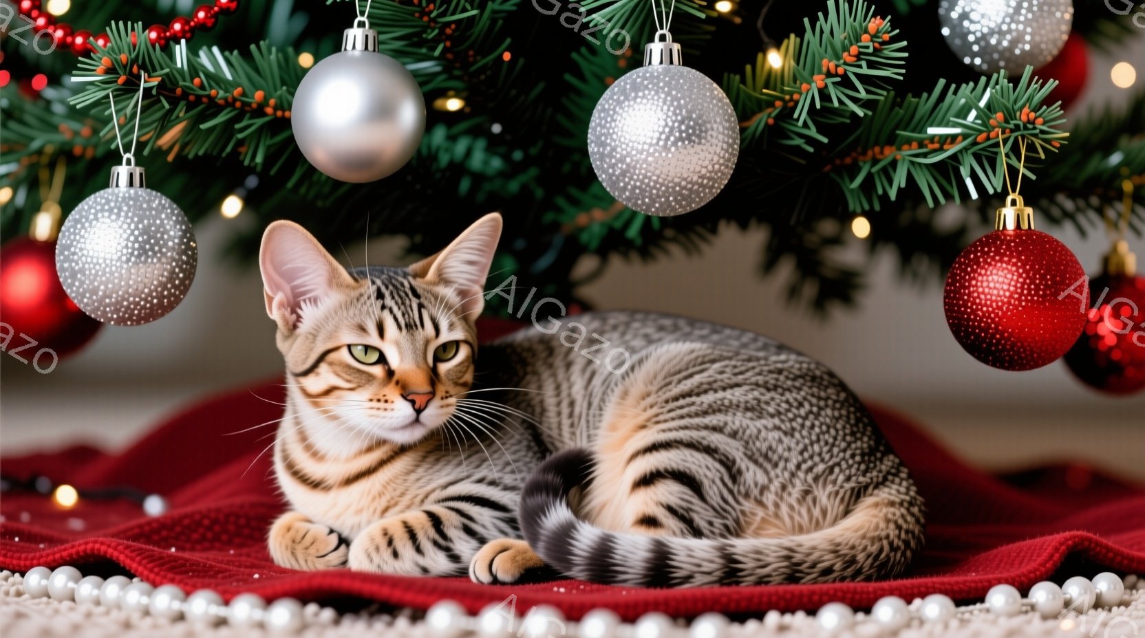 縞模様の猫が赤い布の上に丸まって横たわっており、リラックスした表情をしています。背景にはクリスマスツリーの枝と、銀色と赤色のオーナメントが飾られています。全体的に暖かく、お祝いムードに包まれた、冬の風景です。