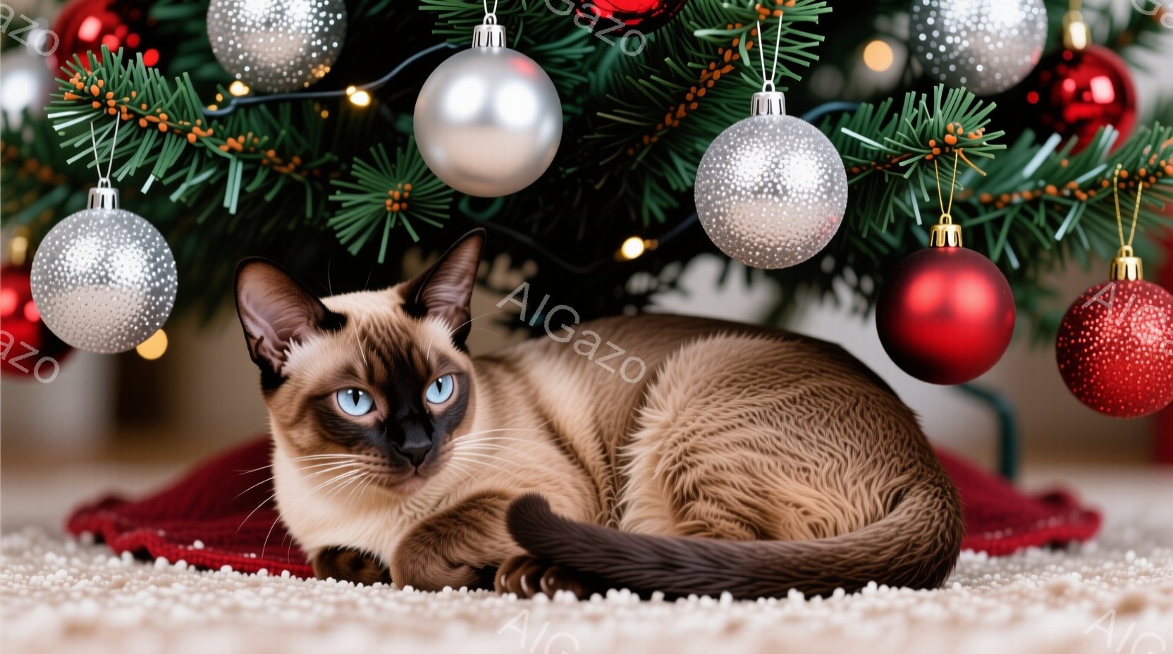 シーマーズ猫がクリスマスツリーの下、赤い敷物の上に丸まって座っています。猫は青い目をしており、毛並みはクリーム色と濃い茶色のコントラストが美しいです。背景には緑のクリスマスツリーが飾られ、赤いオーナメ - AI生成フリー素材