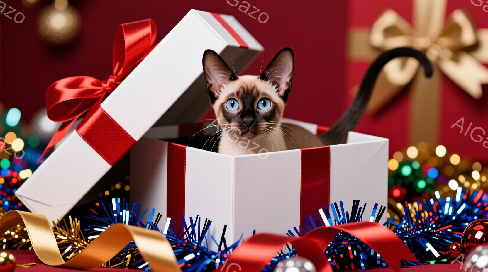 白いギフトボックスの中に、美しいブルーの瞳を持つ子猫が顔を出しています。子猫は茶色の毛並みで、興味津々な表情でカメラを見つめており、黒い尻尾が箱から少し出ています。背景には、キラキラした飾り付けや赤い - AI生成フリー素材