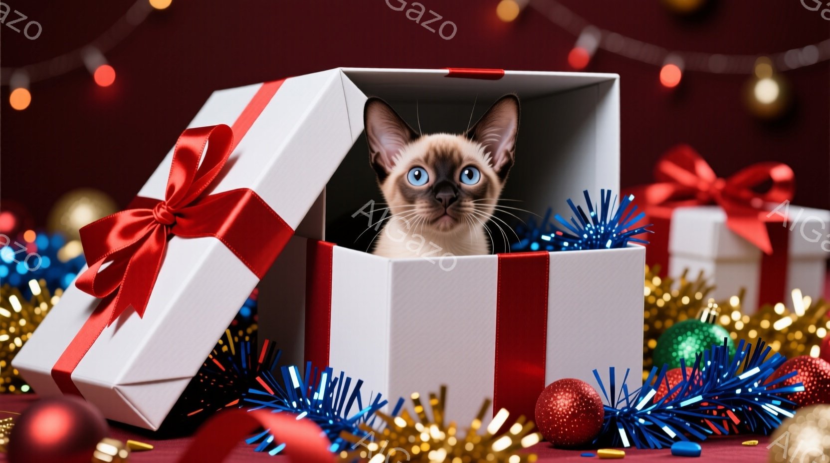 白いギフトボックスから顔を覗かせている子猫がいます。その子はクリーム色の毛並みと青い目を持ち、好奇心旺盛な表情をしています。背景には、金色の輝きを持つ飾り付けと赤いクリスマスボールがあり、お祝いの雰囲気を醸し出しています。