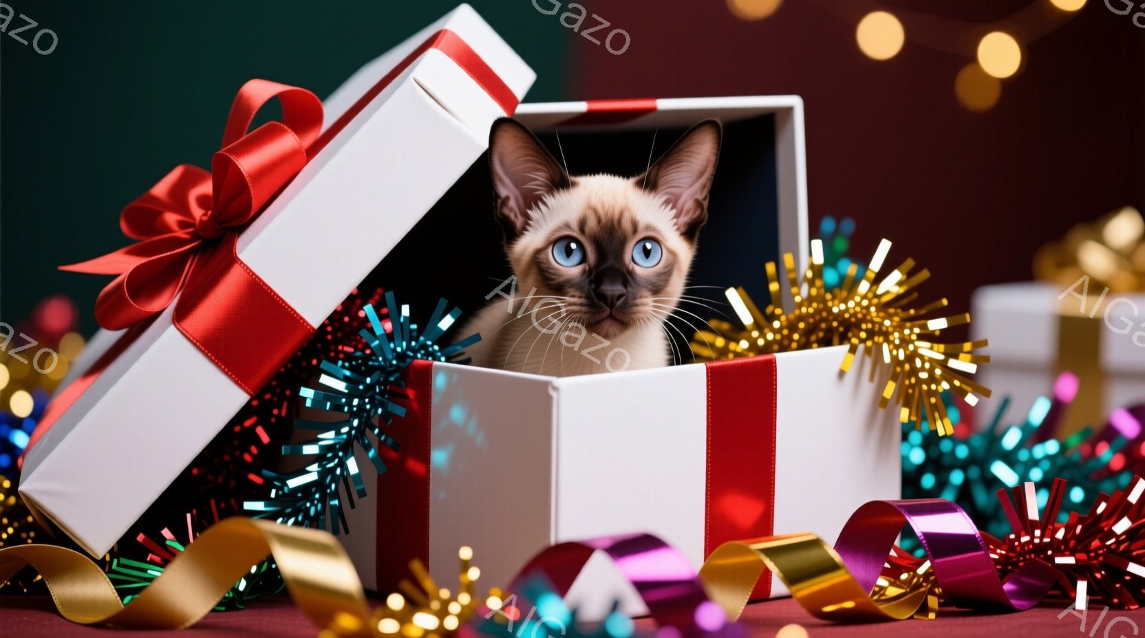 シーマ猫が、赤いリボンが付いた開いた白いギフトボックスの中に座っています。ボックスの周りには、キラキラとしたカラフルな飾りやリボンが散りばめられており、背景は暗赤色でぼかされています。全体的に、クリス - AI生成フリー素材