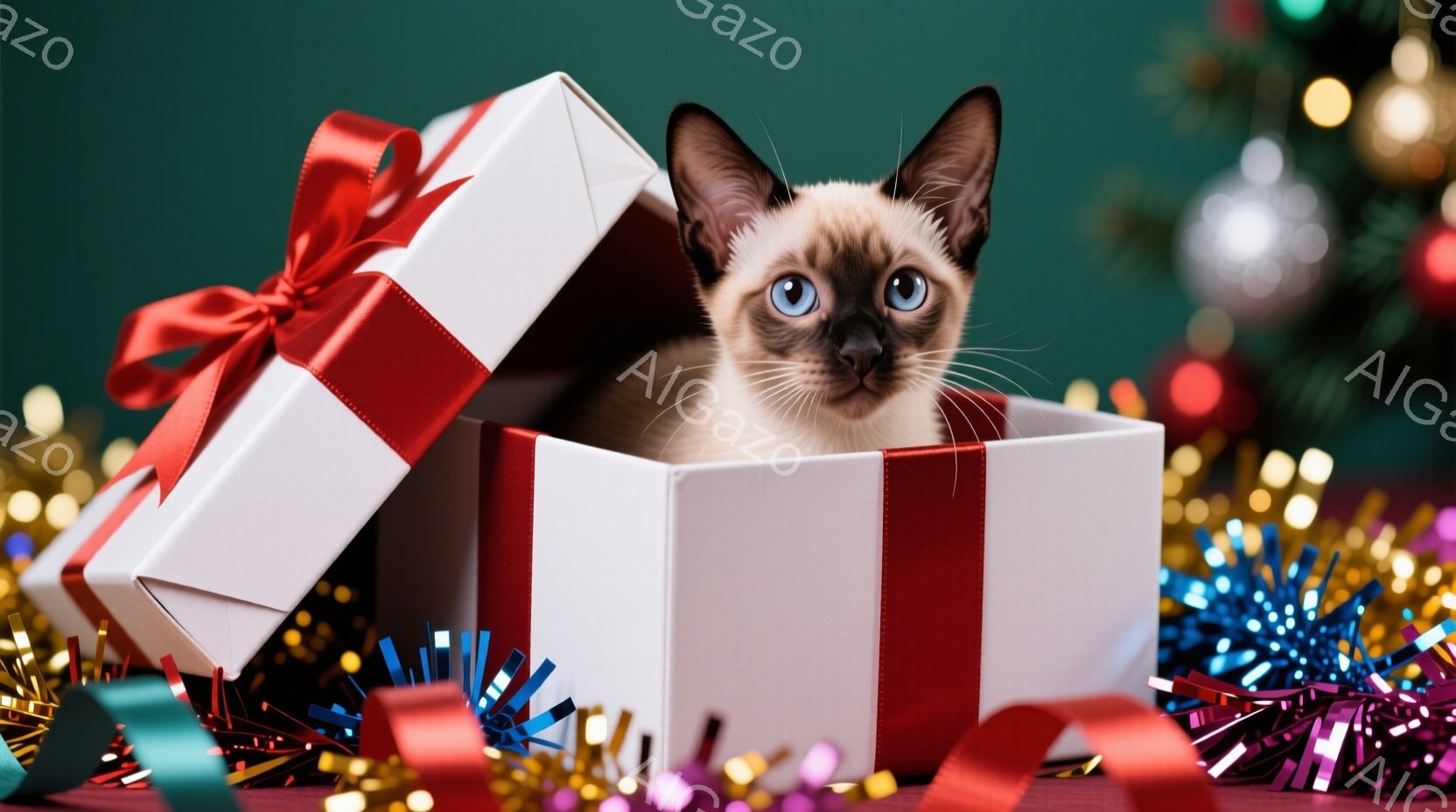 白いギフトボックスの中に、美しいブルーの瞳を持つ子猫が顔を出しています。猫は好奇心と少しの戸惑いの表情でカメラを見つめ、その周りにはキラキラと輝くカラフルな飾り付けが散りばめられています。背景にはぼや - AI生成フリー素材