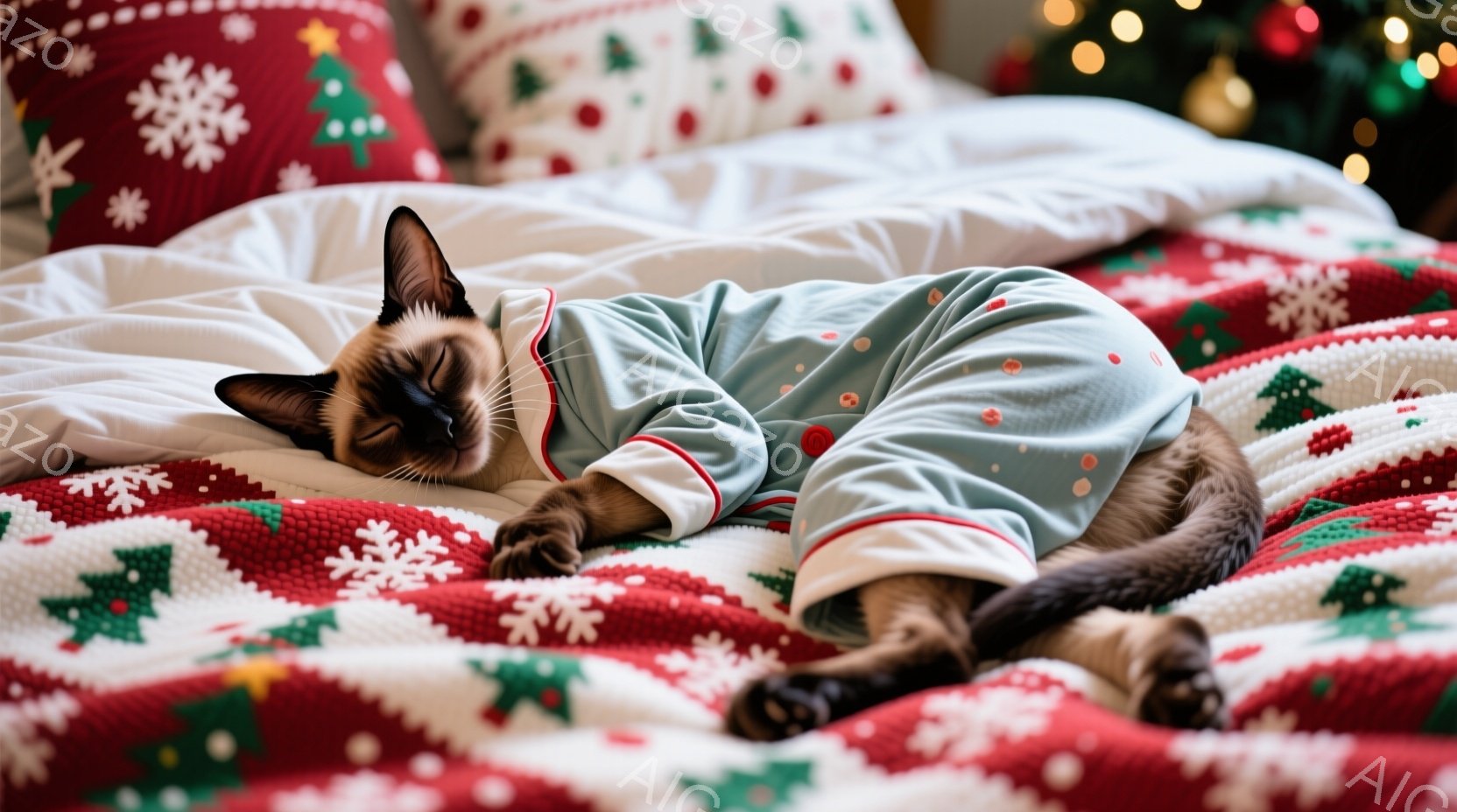 茶色の縞模様の小さな子猫が、クリスマスのキャンドル状のお菓子（ペパーミントキャンディ）の周りに散らばったテーブルの上を歩いています。背景には、ぼやけたクリスマスツリーの飾りと、テーブルに置かれた皿やグラスが見えます。暖かく、遊び心のある、お祝いの雰囲気が漂っています。