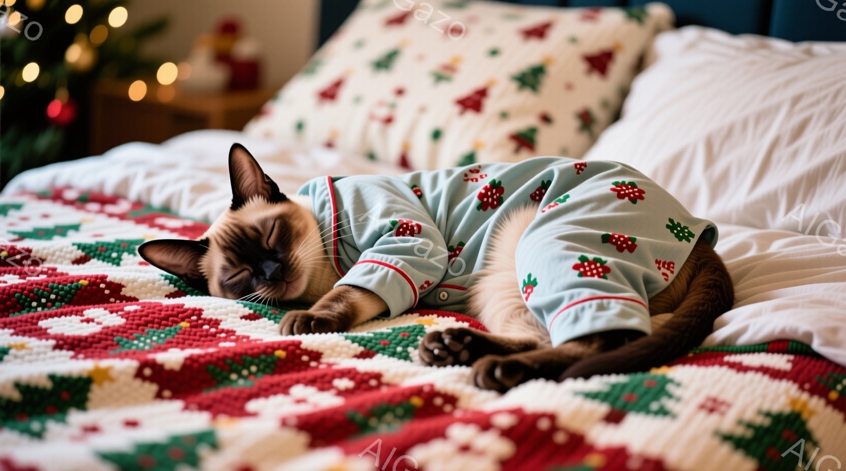 シーマル猫が赤い模様のパジャマを着てベッドの上で仰向けに寝ています。猫は目を閉じ、リラックスした表情で、前足は体の横に伸ばされています。背景には赤いクリスマスツリーのぼやけた画像が見え、全体的に暖かく - AI生成フリー素材