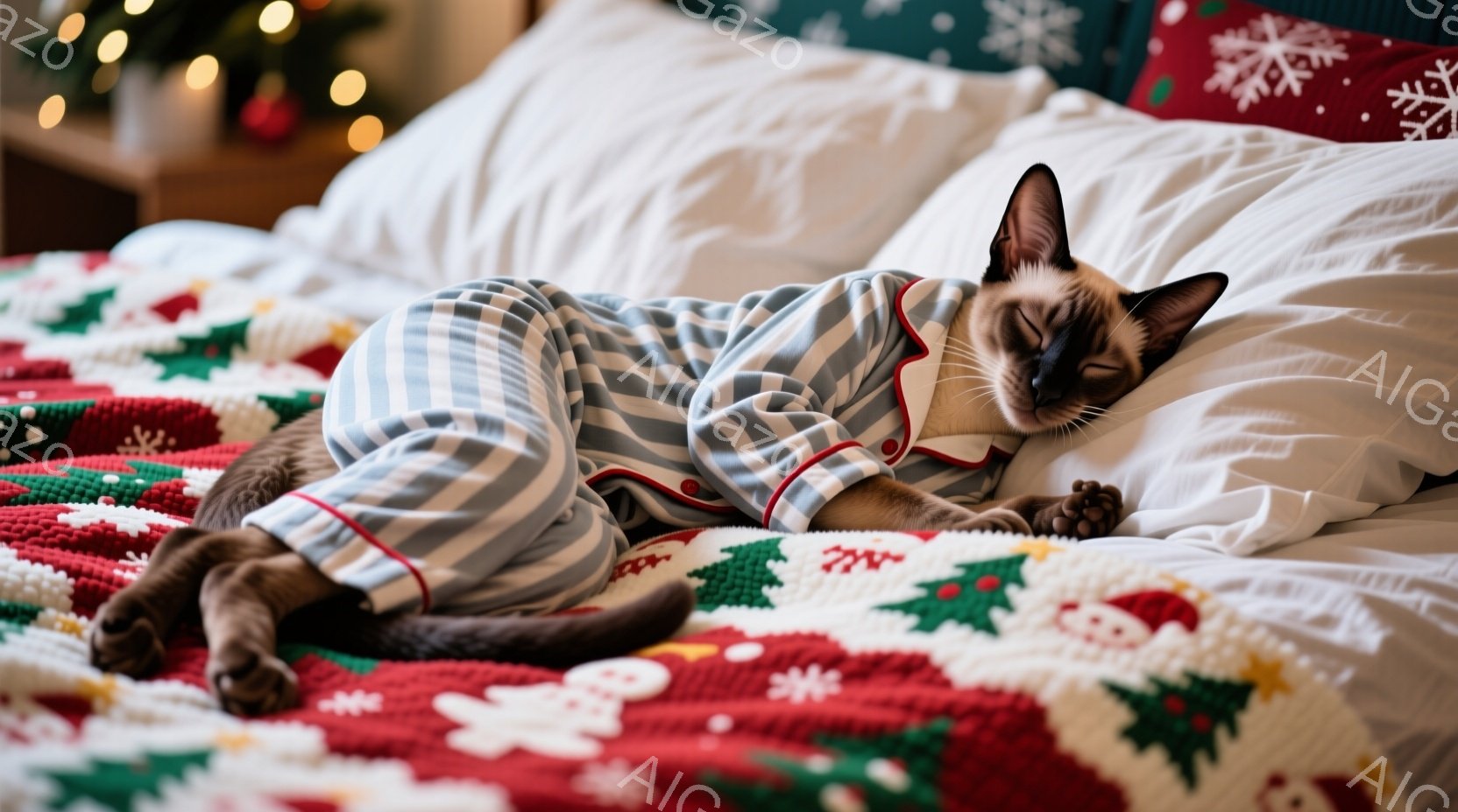 茶色のタイガー柄の猫が、青と白のストライプのパジャマを着て、白い枕の上で仰向けに寝ています。猫は目を閉じ、リラックスした表情をしており、前足は体の横に伸ばされています。背景には赤いクリスマス柄のブランケットと、ぼやけたクリスマスツリーの光が見え、暖かく心地よい雰囲気を醸し出しています。