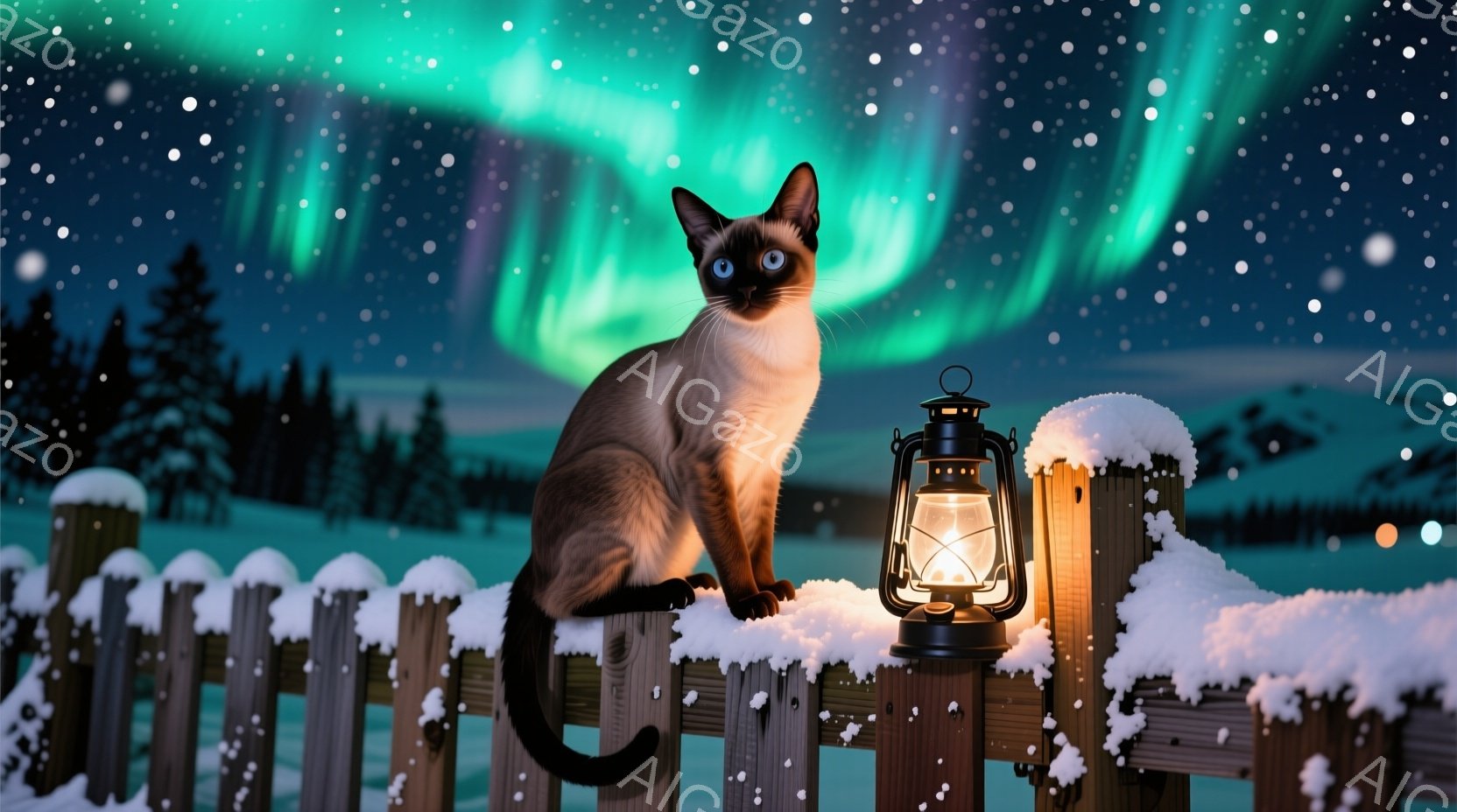 シベリアン猫が雪に覆われた木製の柵の上に座り、遠くを見つめている。背景には緑色のオーロラが輝き、雪景色と相まって幻想的な雰囲気を醸し出している。柵の隣には点灯したランタンがあり、暖かく穏やかな光を放っ - AI生成フリー素材
