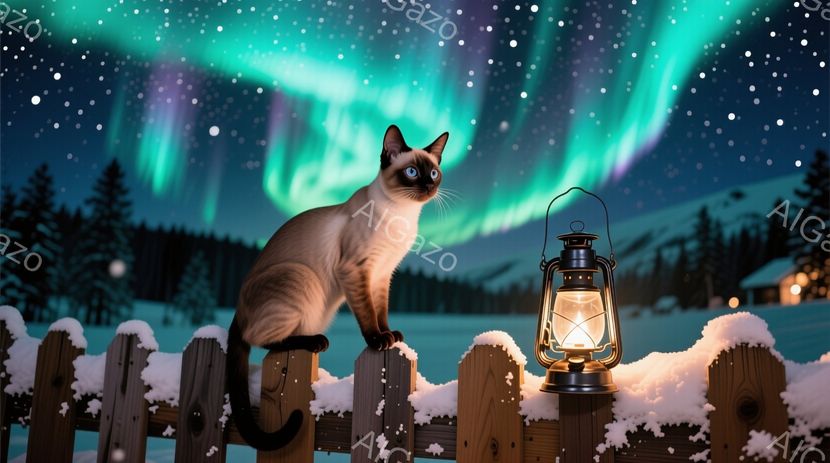 白い雪に覆われた木の柵の上に、シャム猫が優雅に座っています。背後には暗い森と、緑と紫のオーロラが広がり、遠くには温かい光を灯した建物が見えます。雪が舞い散る夜の幻想的な風景で、猫は静かに周囲を見渡して - AI生成フリー素材