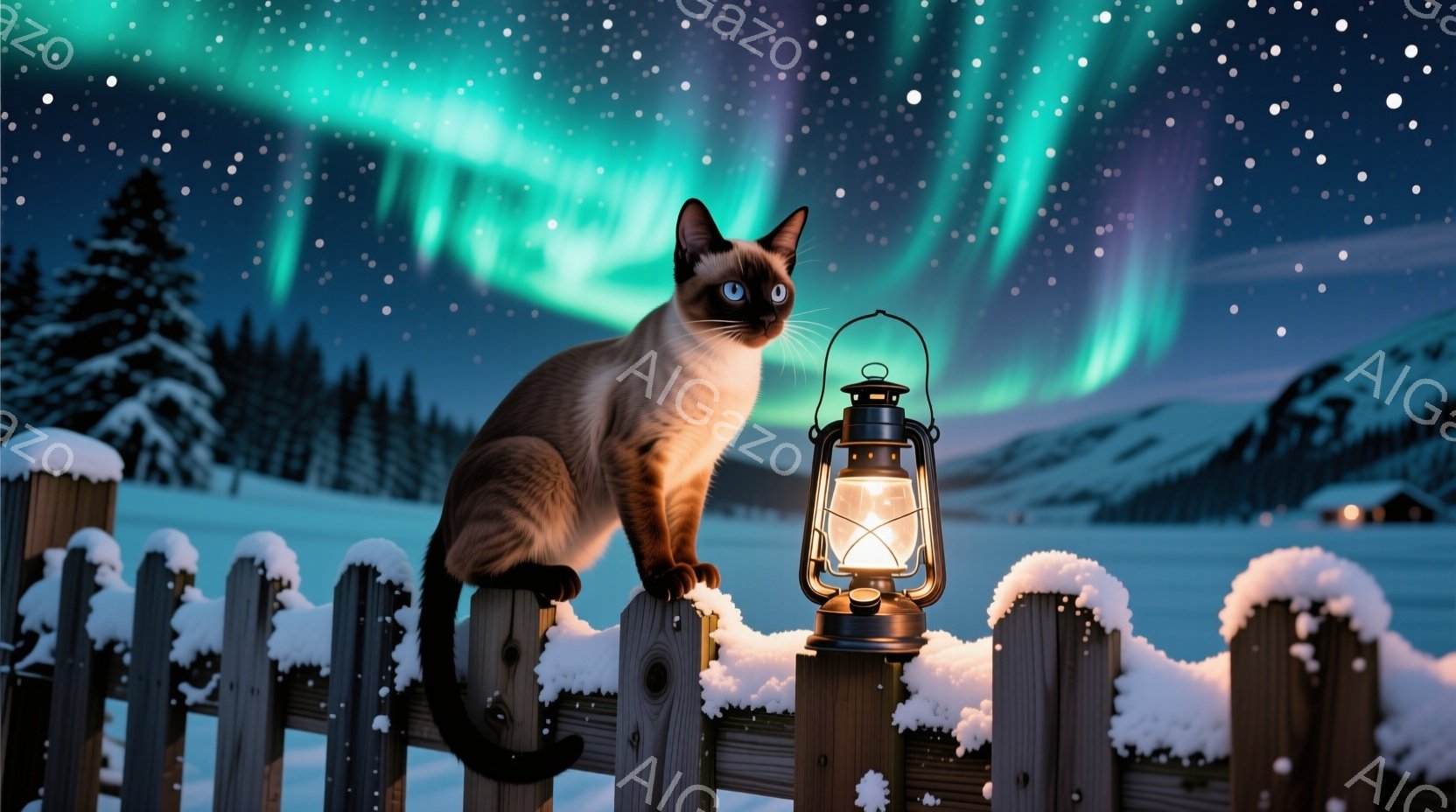 シベリアン猫が雪に覆われた木製の柵の上に座り、遠くの建物を見下ろしている。夜空にはオーロラが輝き、雪が舞い散る冬の夜を表している。灯りが猫の隣に置かれ、暖かい光を放ち、幻想的な雰囲気を醸し出している。 - AI生成フリー素材