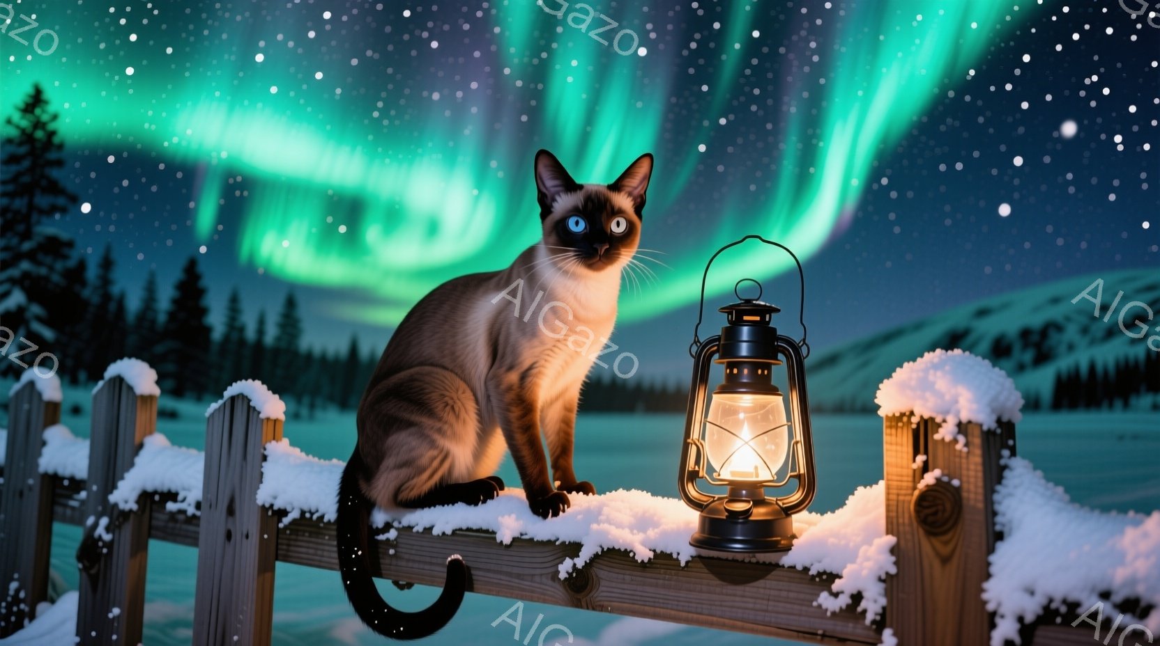シベリアン・ブルーポイントの猫が、雪で覆われた木製の柵の上に座っています。背景には、緑色のオーロラが広がり、遠くには雪に覆われた丘と針葉樹林が見えます。 暖かく光るランタンが猫の隣に置かれ、幻想的な冬 - AI生成フリー素材