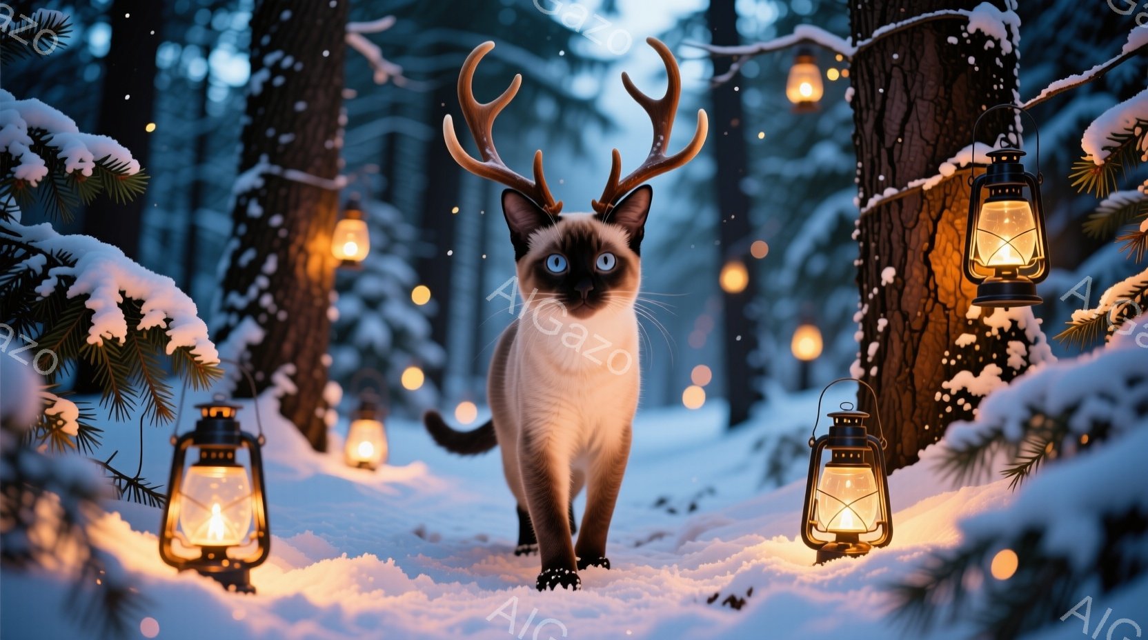 白い雪景色の中に、角を持つシャム猫が歩いている。周りには灯りが点されたランタンが並び、雪の降る森を幻想的に照らしている。猫は前方をまっすぐ見つめ、凛々しく、どこか神秘的な雰囲気を漂わせている。