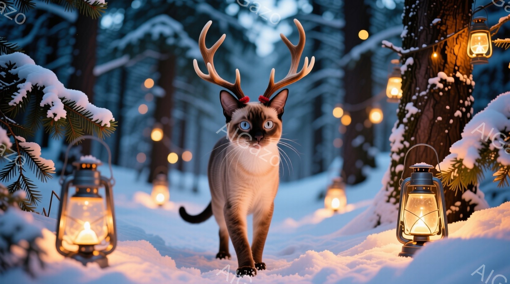 白い雪に覆われた森の中を、角のような飾りをつけたシャム猫が歩いている。猫は真っ直ぐ前を見据え、凛とした表情で、冬の夜の幻想的な雰囲気を醸し出している。背景には、点灯されたランタンが並び、雪景色と暖かな光が美しいコントラストを生み出している。