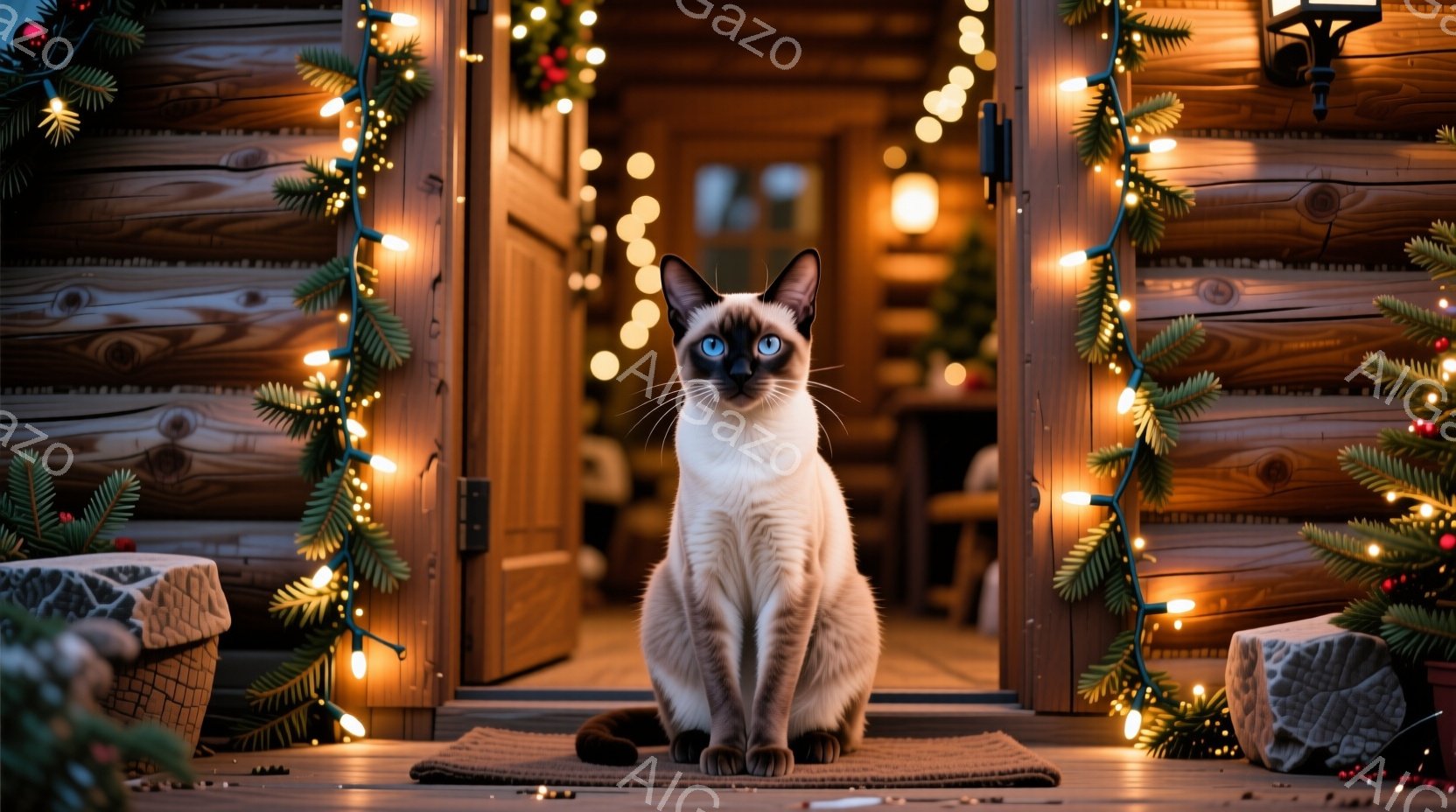 シベリアンブルーの美しい猫が、クリスマスの飾り付けがされた家の入り口に座っています。猫は正面を見据え、落ち着いた表情で、まるで家の番人のように見えます。背景には、温かい光を放つイルミネーションと、緑の - AI生成フリー素材