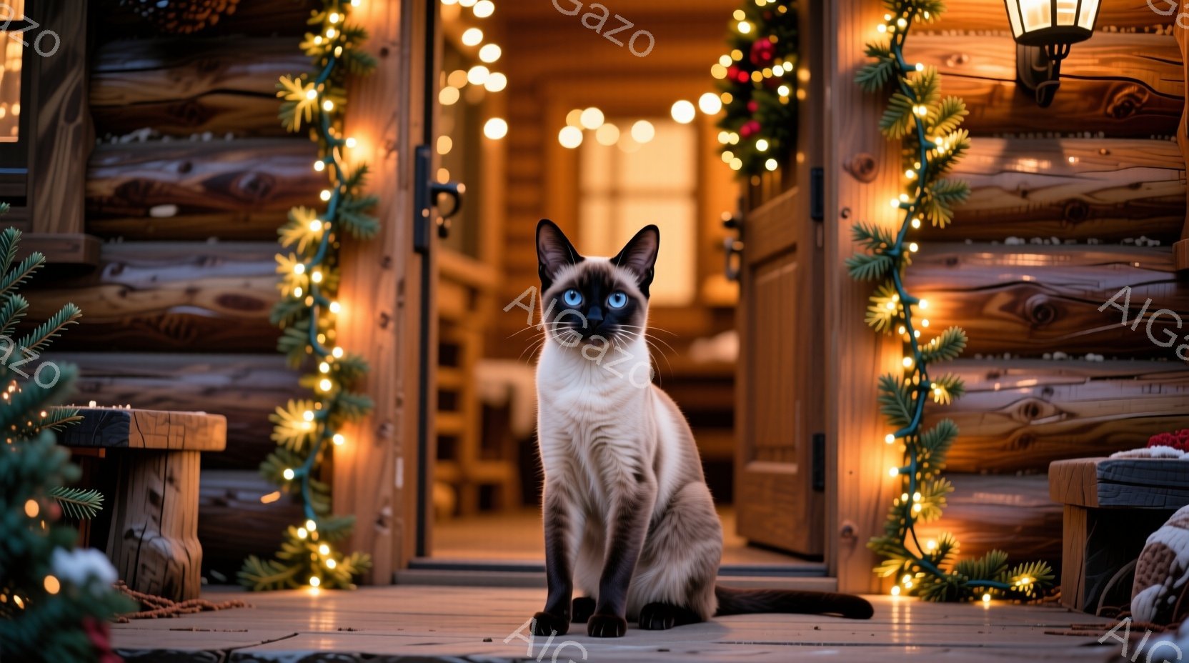 シベリアンハスキーのような毛並みの猫が、木造の家の玄関の前に座っています。猫は正面をまっすぐ見つめ、落ち着いた表情をしています。背景にはクリスマスの飾り付けが施された玄関があり、暖かく、お祝いムードにあふれています。