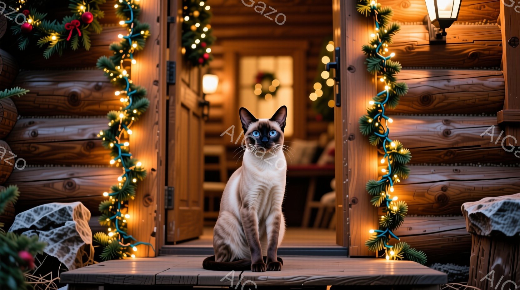シベリアンハスキーのような毛色の猫が、クリスマスデコレーションで飾られた家の外で座っています。暖色系の照明が猫の毛並みを照らし、背景の木製の壁と装飾を際立たせています。家の中はぼんやりと明るく、穏やかで心地よい雰囲気が漂っています。