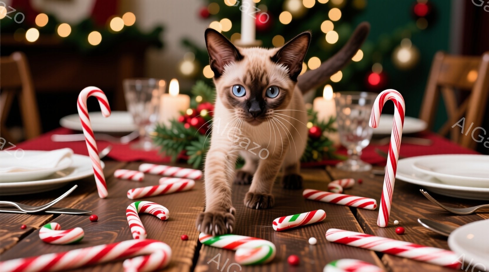 テーブルの上を子猫が歩いており、周囲にはキャンディケーンや赤い飾り玉が散らばっている。背景にはぼやけたクリスマスツリーとキャンドルが見え、暖かくお祝いムードに包まれている。子猫は興味深げな表情でこちら - AI生成フリー素材