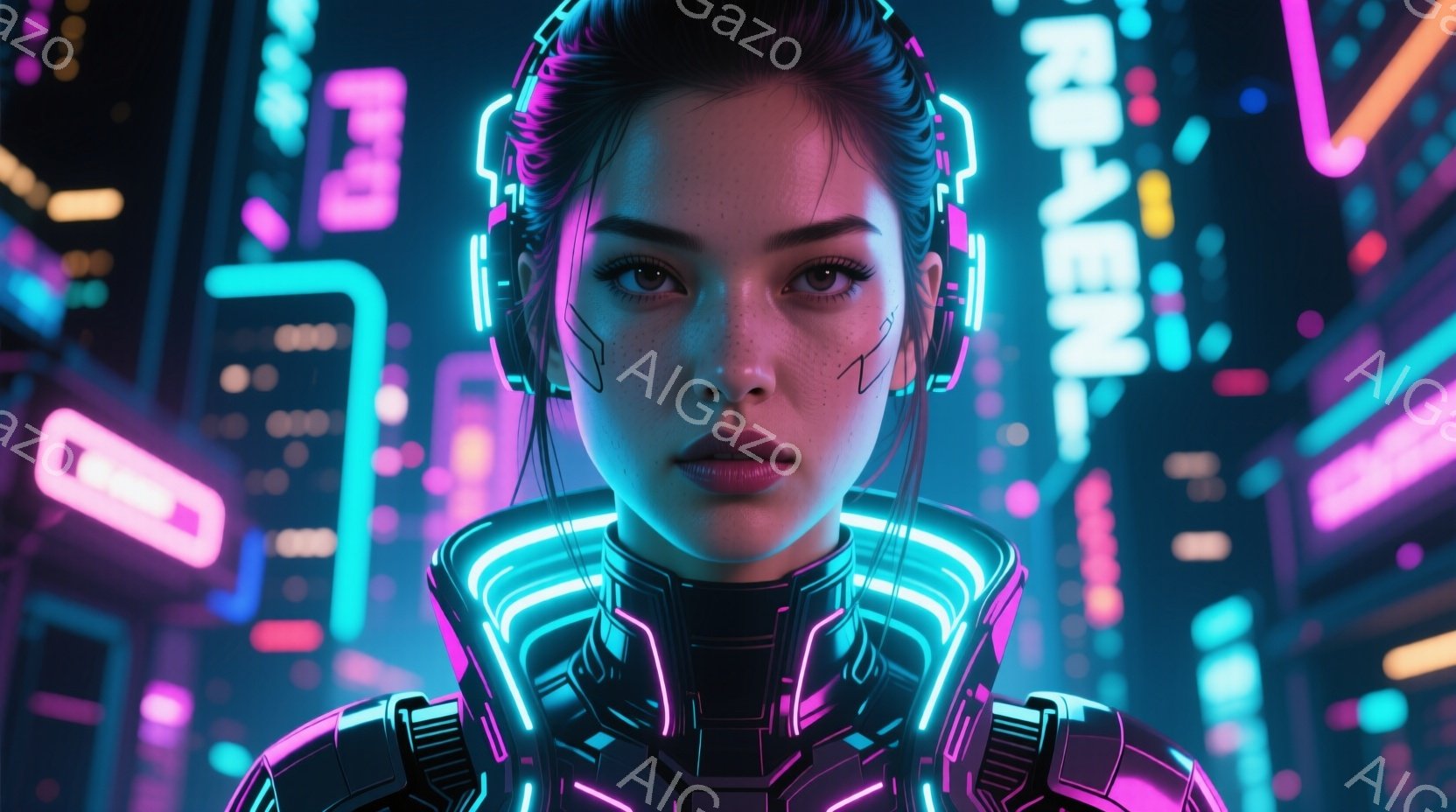 画像は未来的なサイバーパンクの女性を描いています。彼女は黒髪を後ろでまとめ、顔には蛍光色のラインが描かれており、未来的な印象を与えています。背景にはネオンライトが輝く高層ビル群が広がり、彼女の視線は正 - AI生成フリー素材