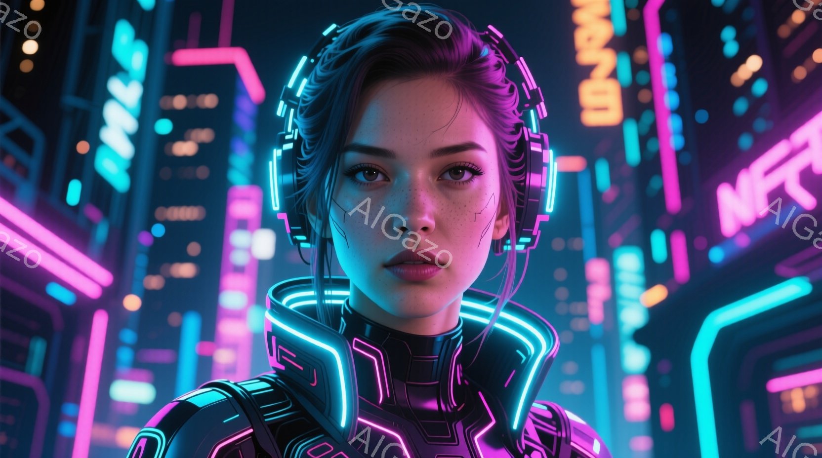 この女性は、ネオンライトが輝く未来都市を背景に、先進的なサイバーパンク風の衣装を身に着けています。彼女は黒髪を後ろでまとめ、顔にはわずかな赤いチークと小さなそばかすがあり、強い意志を感じさせる表情をし - AI生成フリー素材