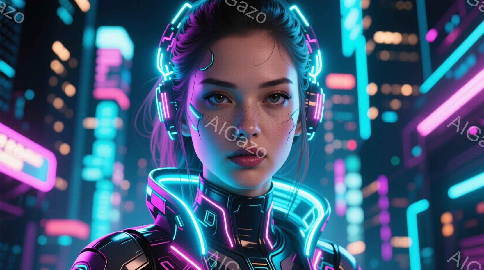 若い女性が、未来的な光る首輪と肩当てを身につけて正面を見つめている。彼女は茶色の髪をまとめ、そばかすのある肌と少し開いた口元で、どこか挑発的な表情をしている。背景には、ネオンサインが輝く未来都市の夜景がぼやけており、サイバーパンクな雰囲気を醸し出している。