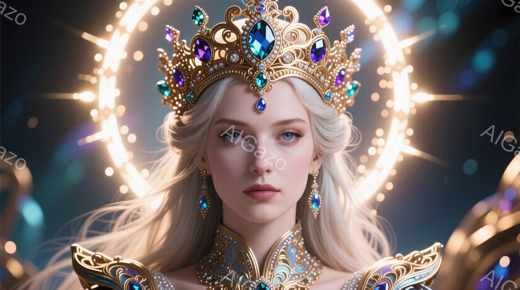 白髪の長い髪をなびかせ、宝石で飾られた豪華な王冠を被った女性が描かれています。彼女はターコイズブルーと金の刺繍が施された、肩出しのきらびやかなドレスを着ており、表情は穏やかで神秘的です。背景には光り輝 - AI生成フリー素材