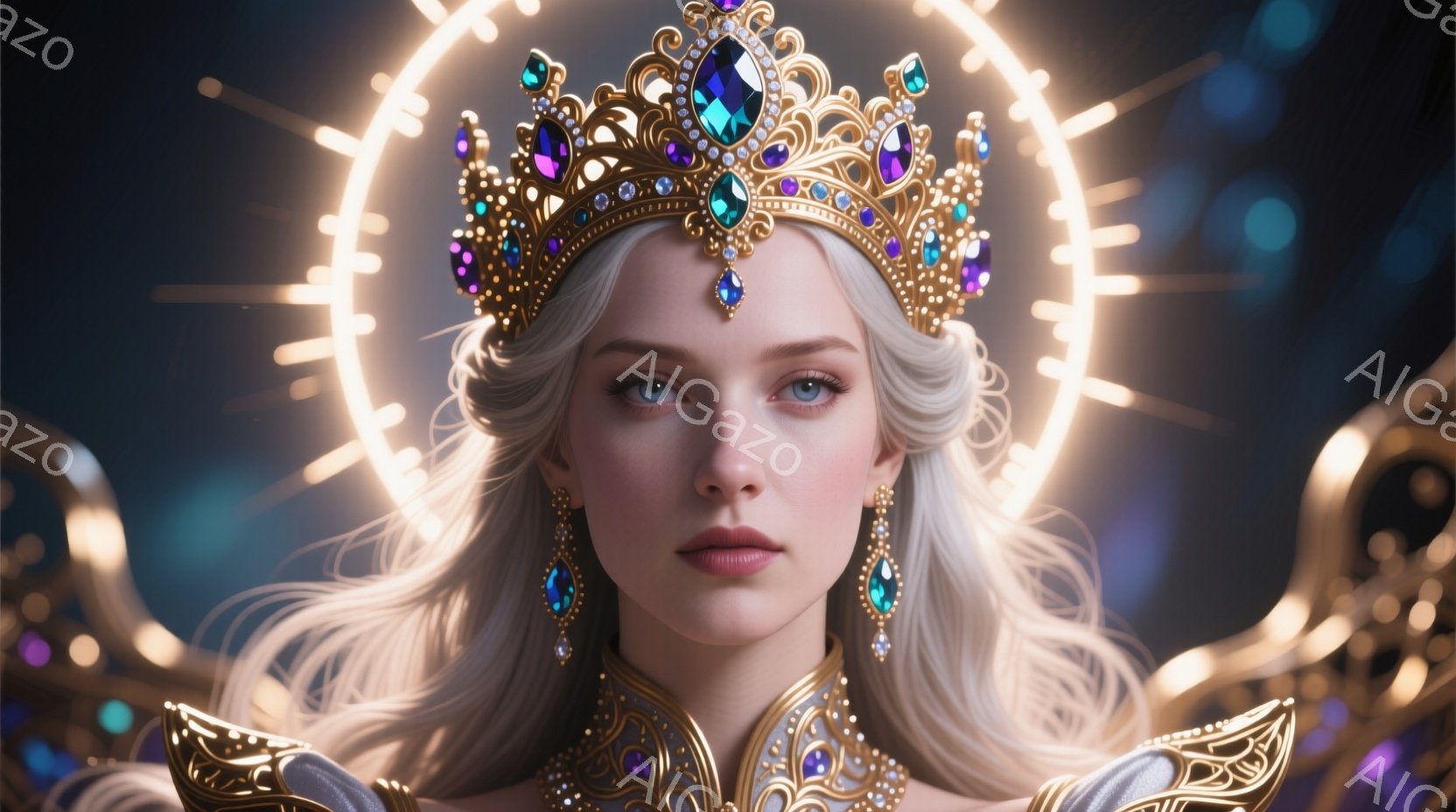 白い髪と青い瞳を持つ女性が描かれている。彼女は豪華な金色のティアラと耳飾りを身に着け、複雑な模様の衣装をまとっている。背景には光る円が配置され、全体的に神秘的で高貴な雰囲気を醸し出している。 - AI生成フリー素材