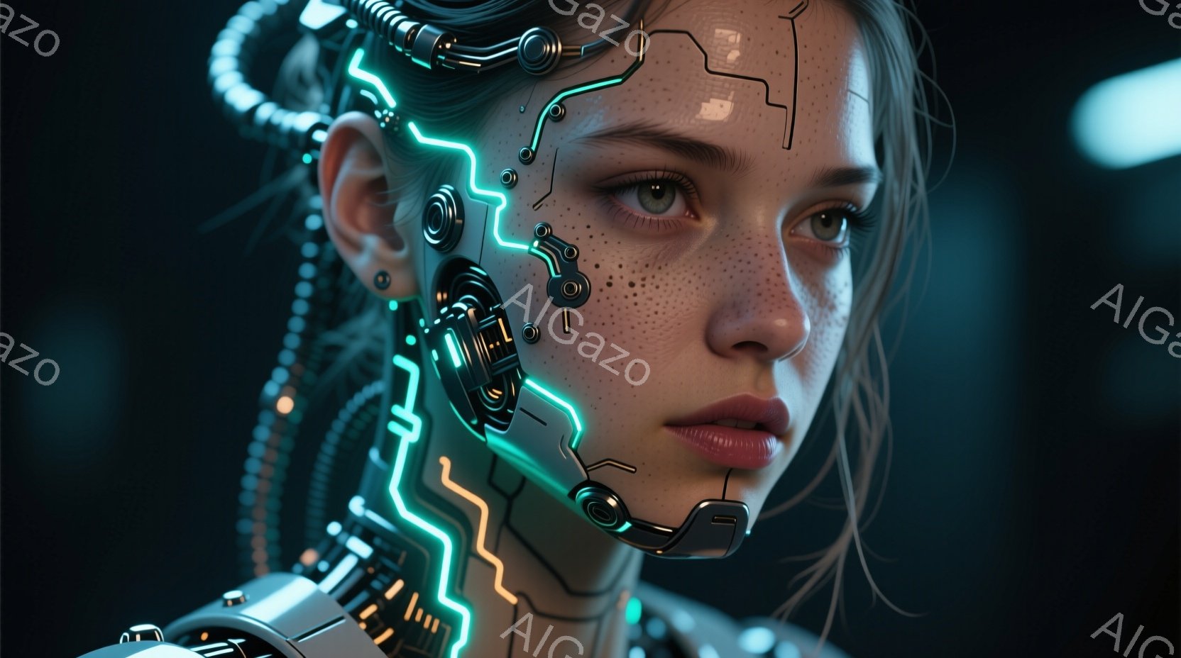 この女性は、顔の一部が機械化されたサイバーパンク風の姿をしている。顔には複雑な配線と金属製のパーツが組み込まれており、緑色の光が脈打つように輝いている。彼女はわずかに口を開け、少し憂いを帯びた表情で正面を見つめている。