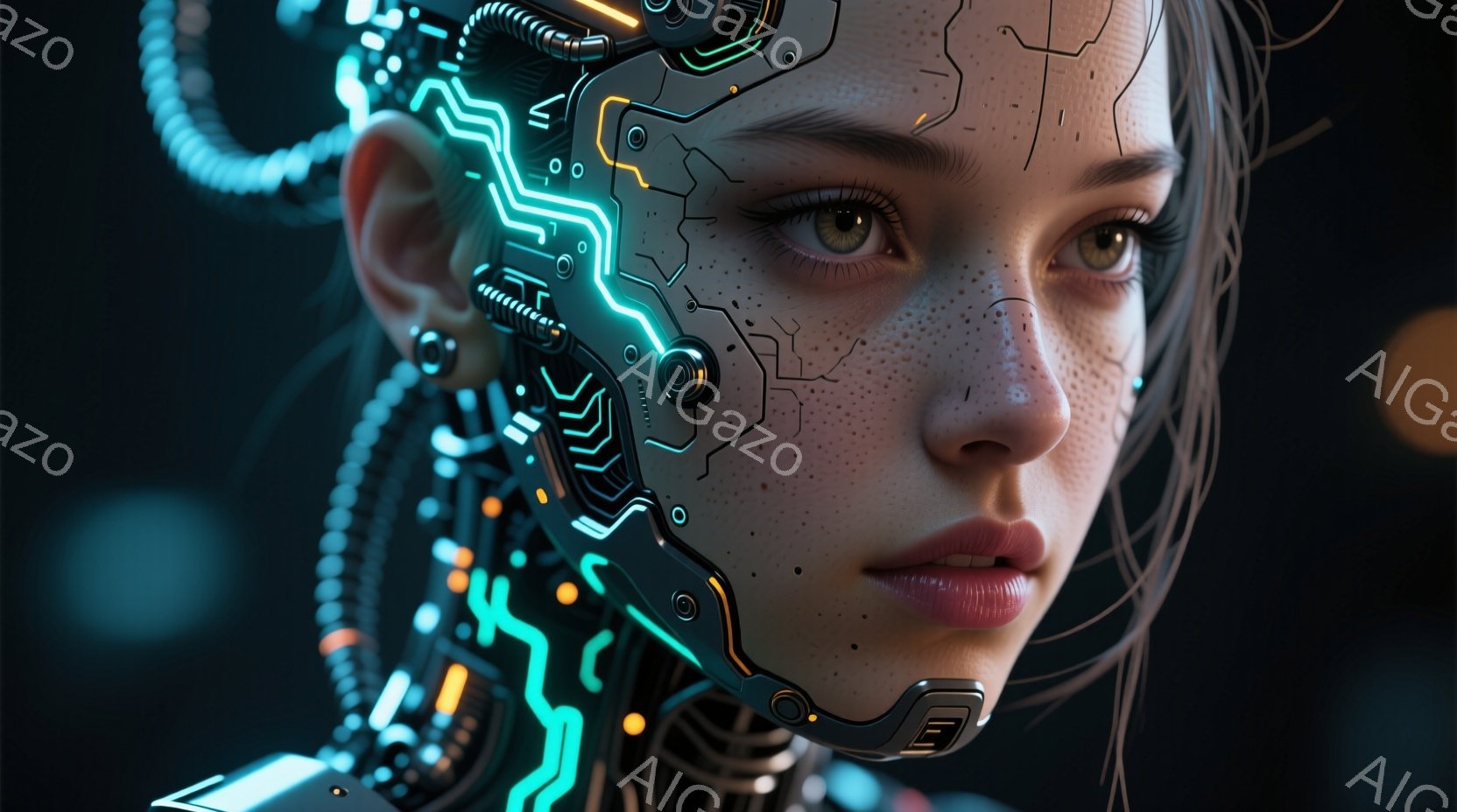 この女性は、顔の一部が複雑な機械的な構造に覆われ、サイバーパンク的な外観を呈しています。彼女の肌は滑らかでそばかすがあり、緑色の光を放つ回路や金属製のパーツが頬、額、顎に沿って配置されています。落ち着いた表情で、緑色の瞳がこちらを見つめ、未来的な雰囲気を醸し出しています。