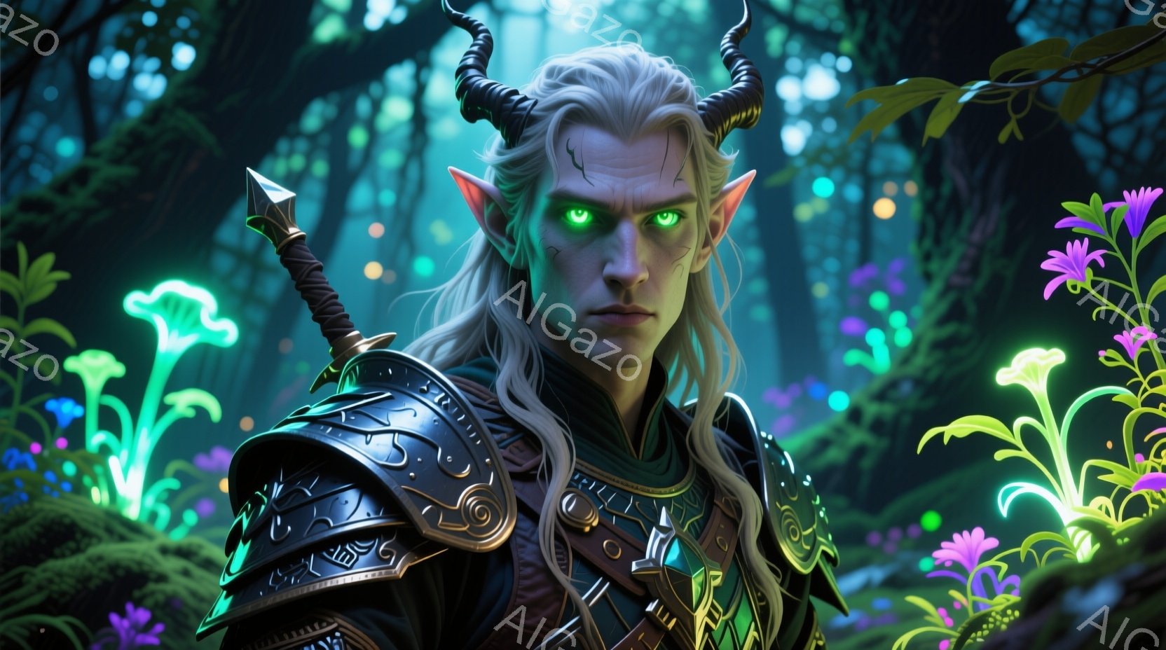 白髪で長い髪をなびかせた男性が、精巧な装飾が施された黒い鎧を身に着けている。彼は鋭い眼光を放ち、決然とした表情で正面を見据えている。背景には、緑色の光を放つキノコや植物が生い茂る幻想的な森が広がっており、全体的に神秘的で緊張感のある雰囲気を醸し出している。