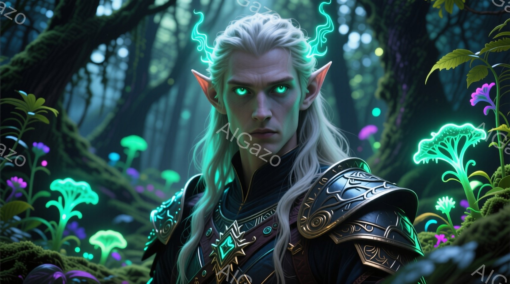 白髪で、肩まで伸びた髪は後ろで結ばれている。彼は装飾的な鎧を身につけ、顔には強い決意と若干の警戒の色が表れている。背景には発光するキノコが生い茂り、深い森の中で神秘的な雰囲気を醸し出している。 - AI生成フリー素材