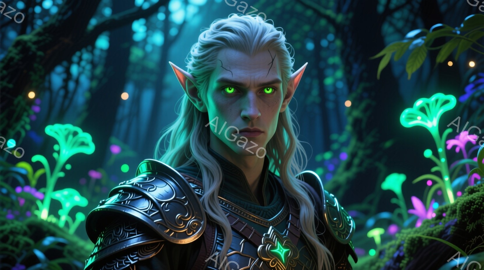 長い白髪を背中にたらした男性が、複雑な装飾が施された黒と金の鎧を身につけている。鋭い眼光で正面を見つめ、わずかに眉をひそめ、どこか冷たい雰囲気を漂わせている。背景には、蛍光色のキノコや植物が生い茂る幻 - AI生成フリー素材