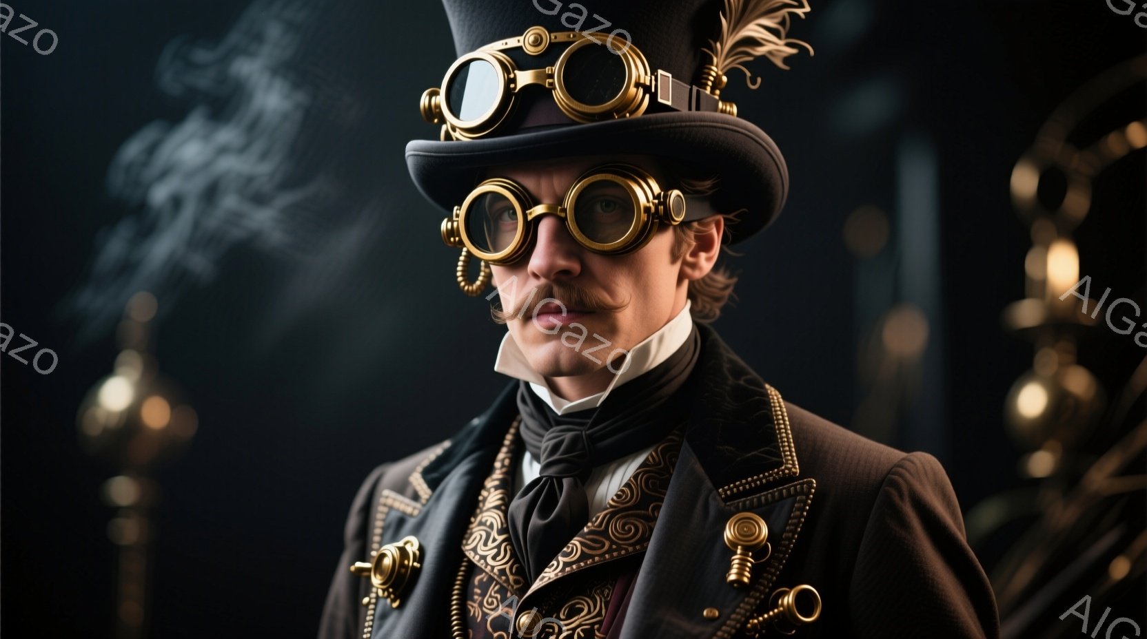 煤けた背景に、ステampunk風の衣装を身につけた男性が写っている。彼は黒いトップハット、複雑な装飾が施されたジャケット、そしてゴーグル型のメガネをかけており、顔には特徴的な口髭がある。彼の表情は自信に満ちており、未来的な機械と伝統的なファッションが融合した独特の雰囲気を醸し出している。