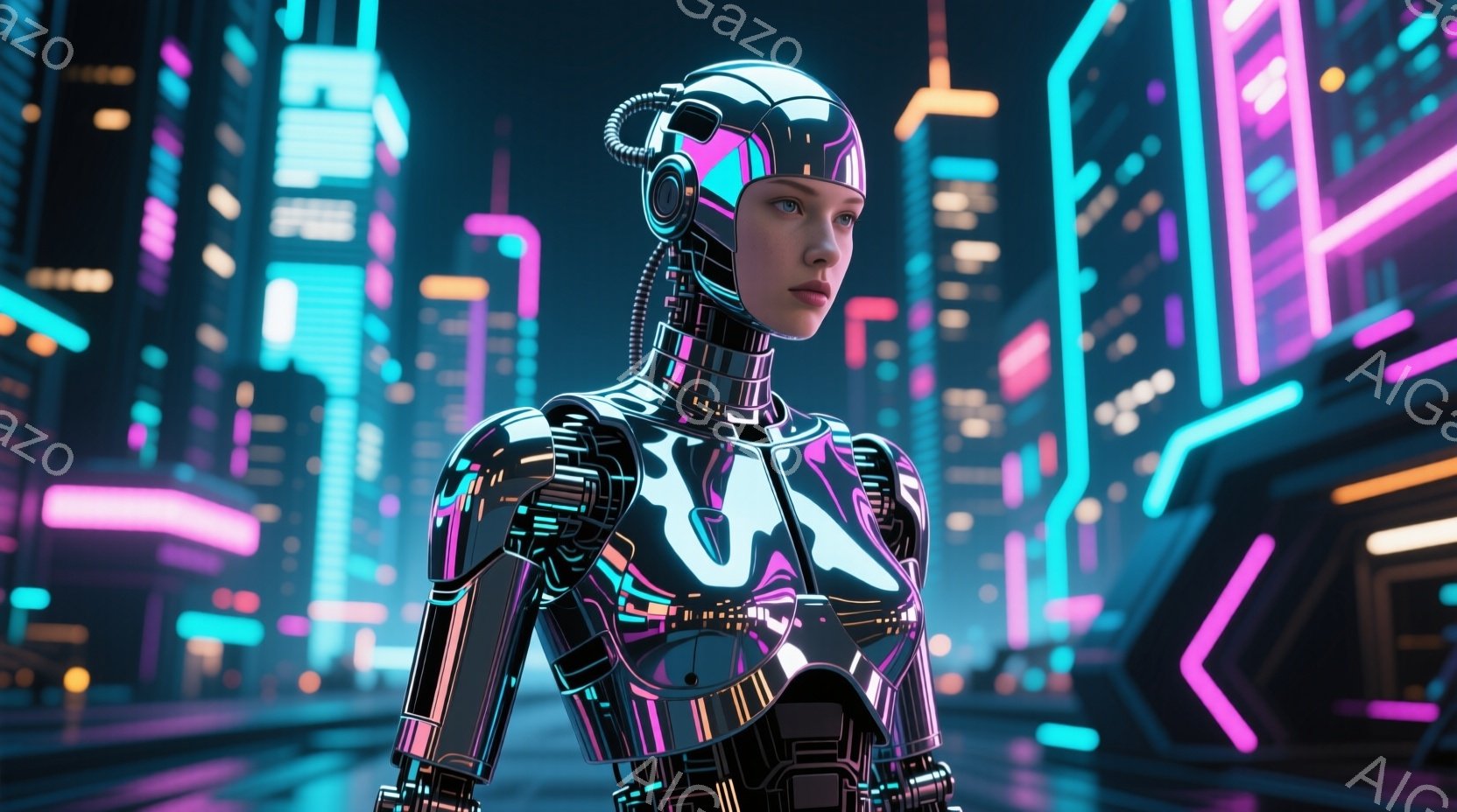 未来的な都市の背景に、銀色のロボット女性が立っている。彼女は滑らかな金属製のボディスーツを身に着け、頭には複雑なメカニズムが組み込まれたヘルメットを着用している。彼女の表情は冷静で、未来都市のネオンラ - AI生成フリー素材