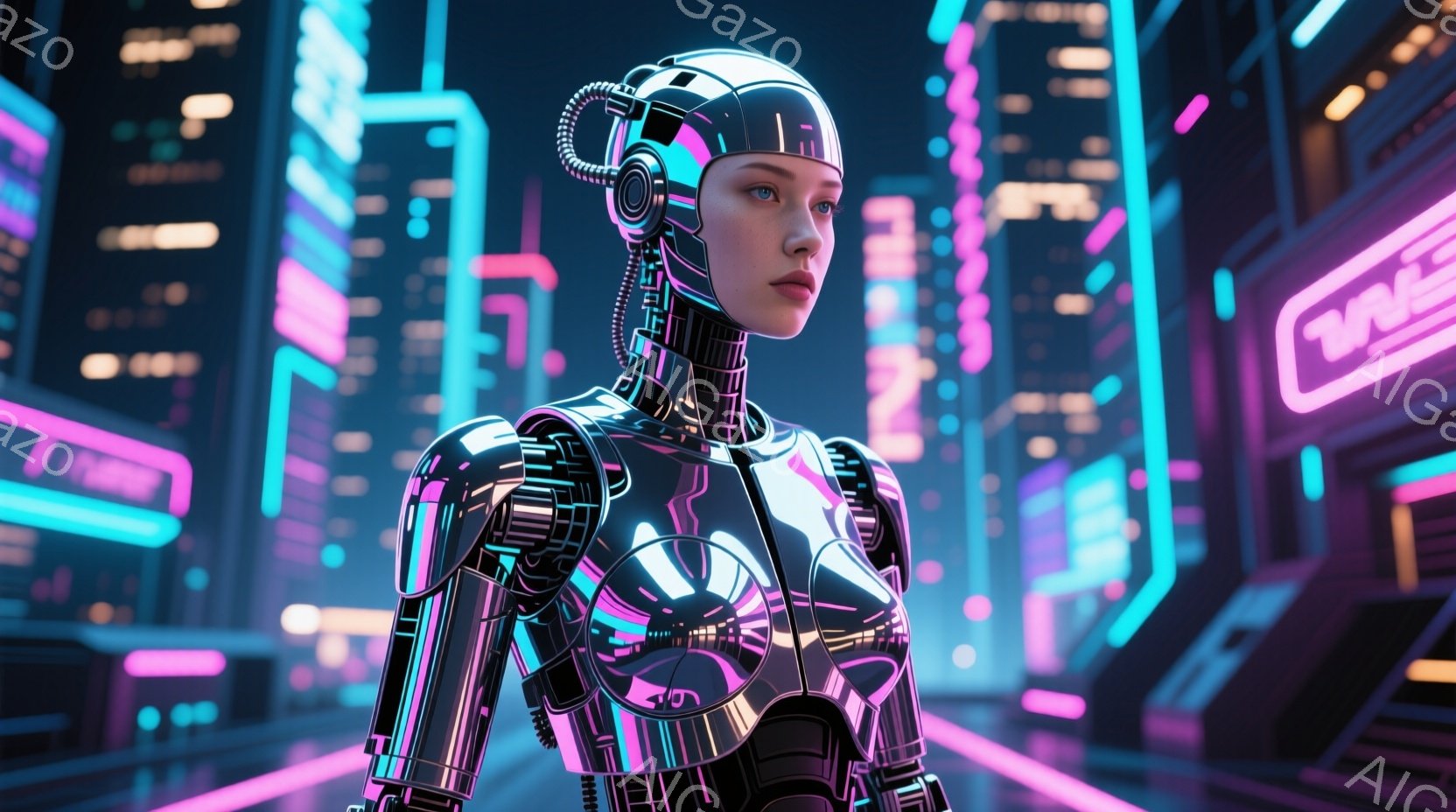 未来的なサイバーパンク都市を背景に、銀色のロボット女性が立っている。彼女は複雑な金属製のボディスーツを着用し、頭には未来的なヘッドセットが装着されている。表情は落ち着いており、未来都市のネオンライトが彼女の金属的なボディを照らしている。