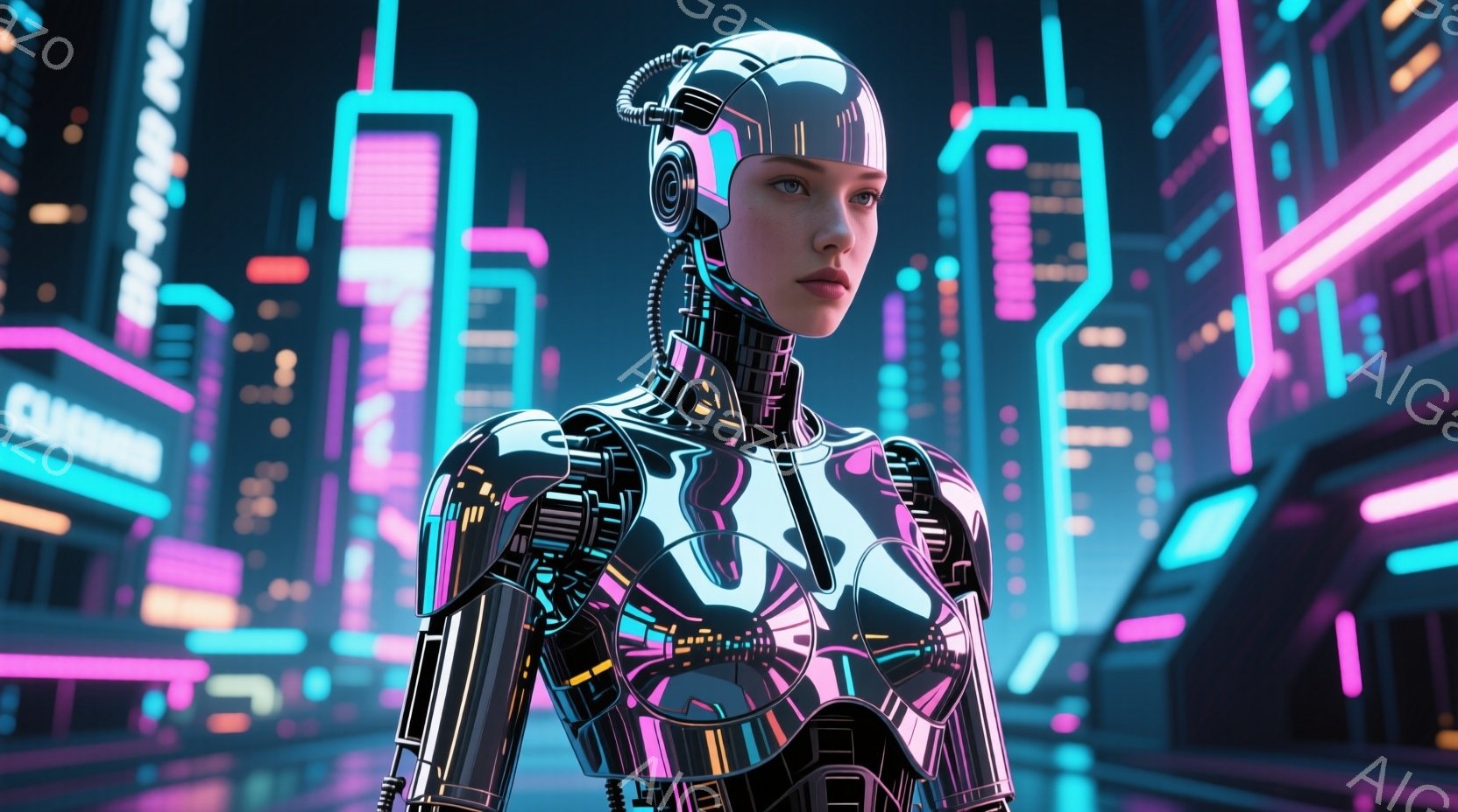未来的な都市の背景に、サイバーパンク風の女性が立っている。彼女はメタリックなボディスーツを身につけ、ヘッドセットをつけている。表情はやや無表情で、未来都市のネオンライトが彼女の金属製のボディに反射し、 - AI生成フリー素材