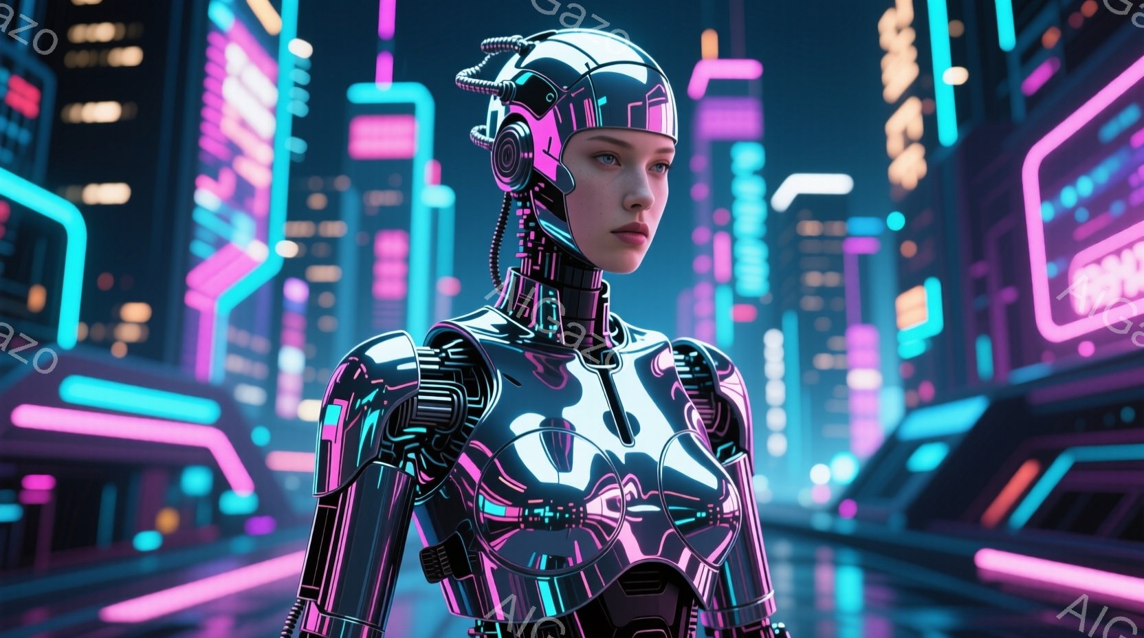 未来的な女性が描かれており、彼女はメタリックなボディスーツを着て、頭には複雑な配線とヘッドセットのような装置が組み込まれたヘルメットを着用しています。彼女は前方をまっすぐ見据え、わずかに眉をひそめ、強い意志と冷静さを感じさせる表情をしています。背景には、ネオンライトで彩られた高層ビル群が広がり、サイバーパンク風の未来都市の雰囲気を醸し出しています。