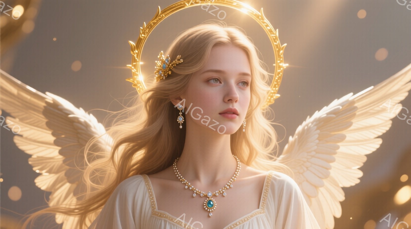 金色の光輪に囲まれた女性が描かれています。彼女はクリーム色のオフショルダーのドレスを身につけ、長く波打つ金髪に、青い宝石が飾られた繊細なネックレスとイヤリングをしています。表情は穏やかで、どこか遠くを見つめており、神聖で幻想的な雰囲気を醸し出しています。