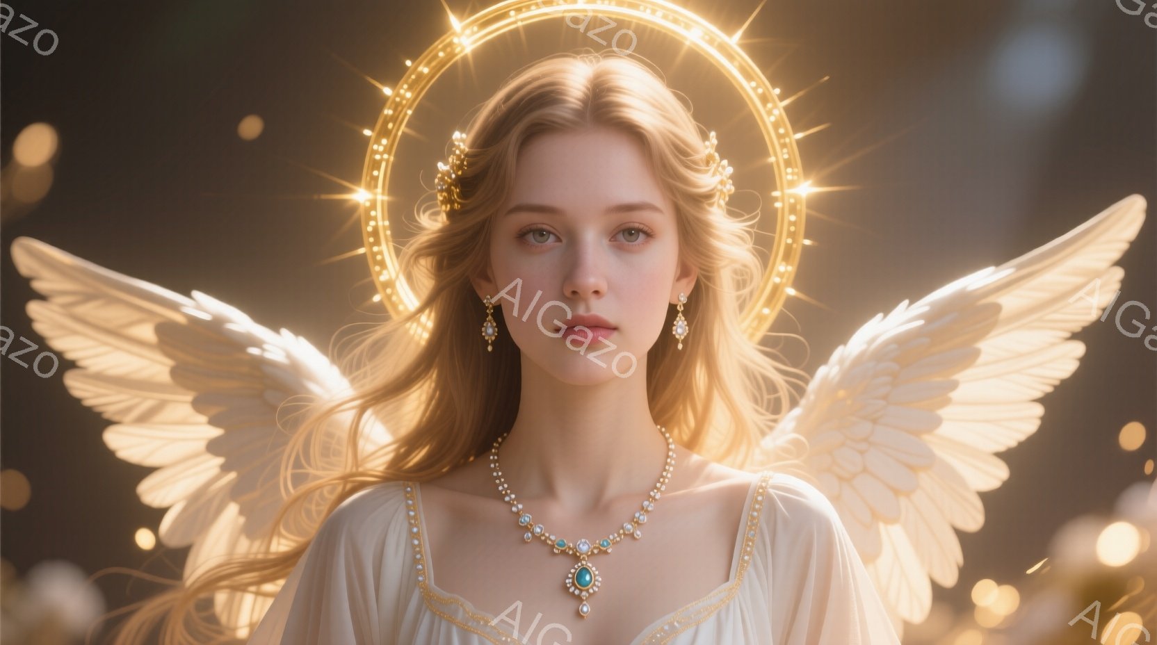 金色の髪と青い瞳を持つ若い女性が、白く輝く翼と光輪を背負っています。オフホワイトのドレスに真珠とターコイズのネックレスを身につけ、優雅で神聖な表情をしています。背景はぼやけており、暖色系の光が全体を包み込み、幻想的で穏やかな雰囲気を作り出しています。