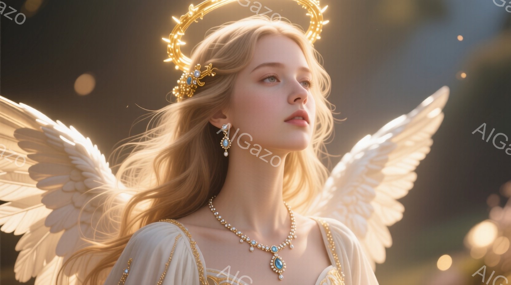 金髪の女性が天使のように描かれており、肩には白い羽根が生え、頭には黄金の光輪が輝いている。オフホワイトのドレスにターコイズ色の宝石が散りばめられたネックレスとイヤリングを身につけ、少し上目遣いで穏やか - AI生成フリー素材