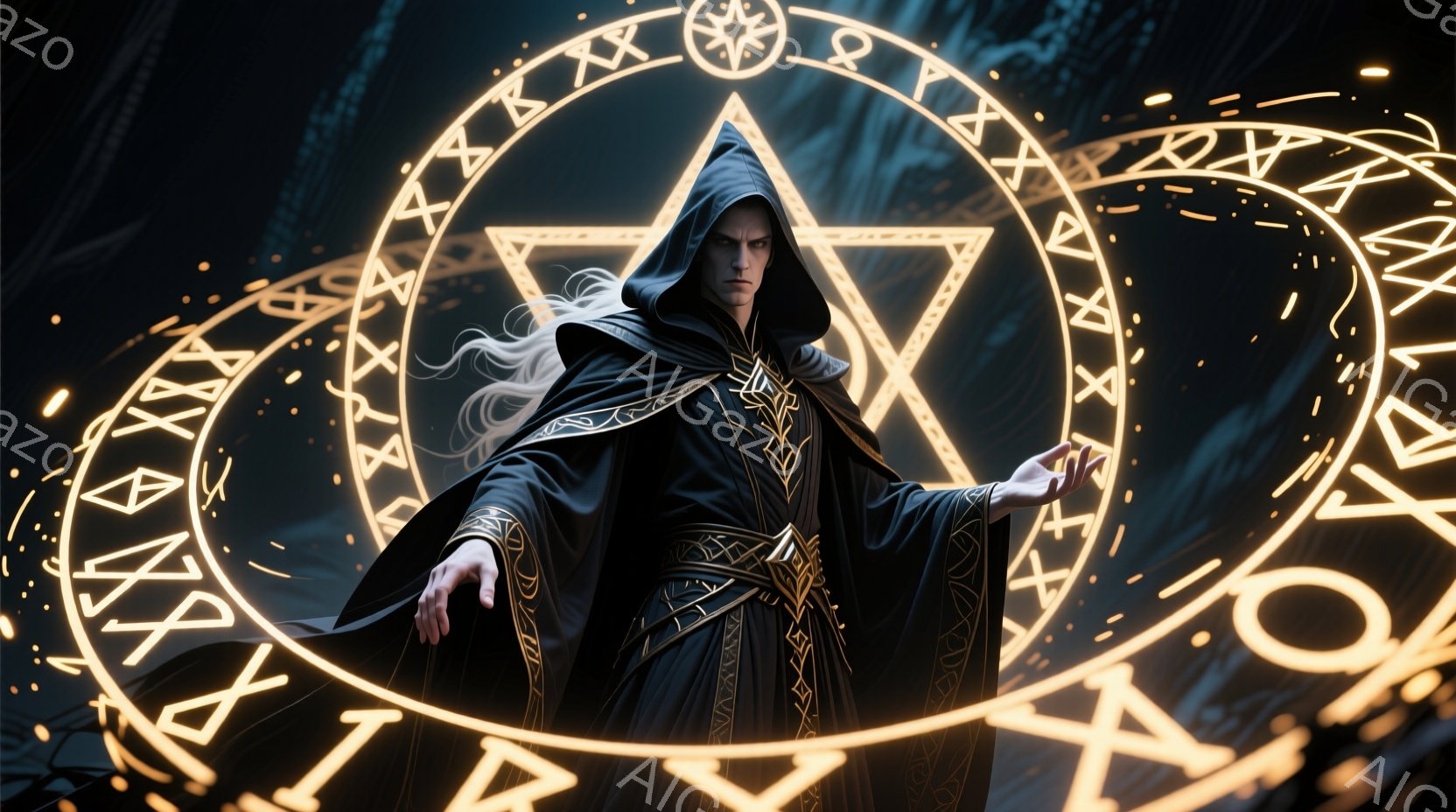 白いドレスと金色のティアラを身につけた女性が、険しい崖の上に立っている。彼女は背中を伸ばし、遠くを見つめており、ドレスの裾からは青緑色の光の粒子が舞い上がっている。背景には、深い谷と緑豊かな丘陵地帯が - AI生成フリー素材