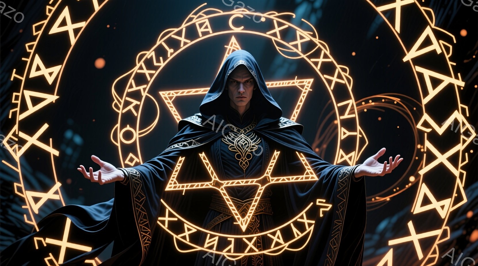 暗い背景に、フードを被った男性が黒いローブをまとって立っている。彼は両手を広げ、周囲には光る幾何学模様が浮かび上がっている。厳粛で神秘的な雰囲気を醸し出し、まるで魔法を操る魔術師のようだ。
