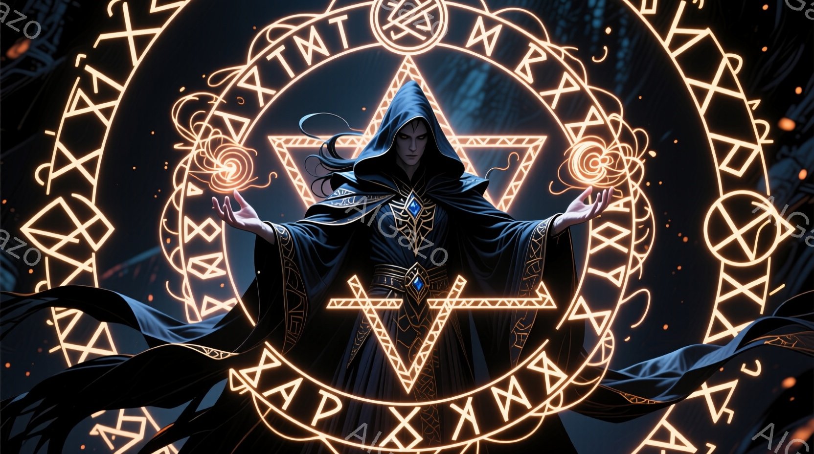 深いフードを被った男性が、両手を広げて魔法陣の中心に立っている。黒いローブには金色の装飾が施され、精巧な模様が光っている。背景には暗い森が広がり、魔法陣から発せられる光が神秘的な雰囲気を醸し出している。