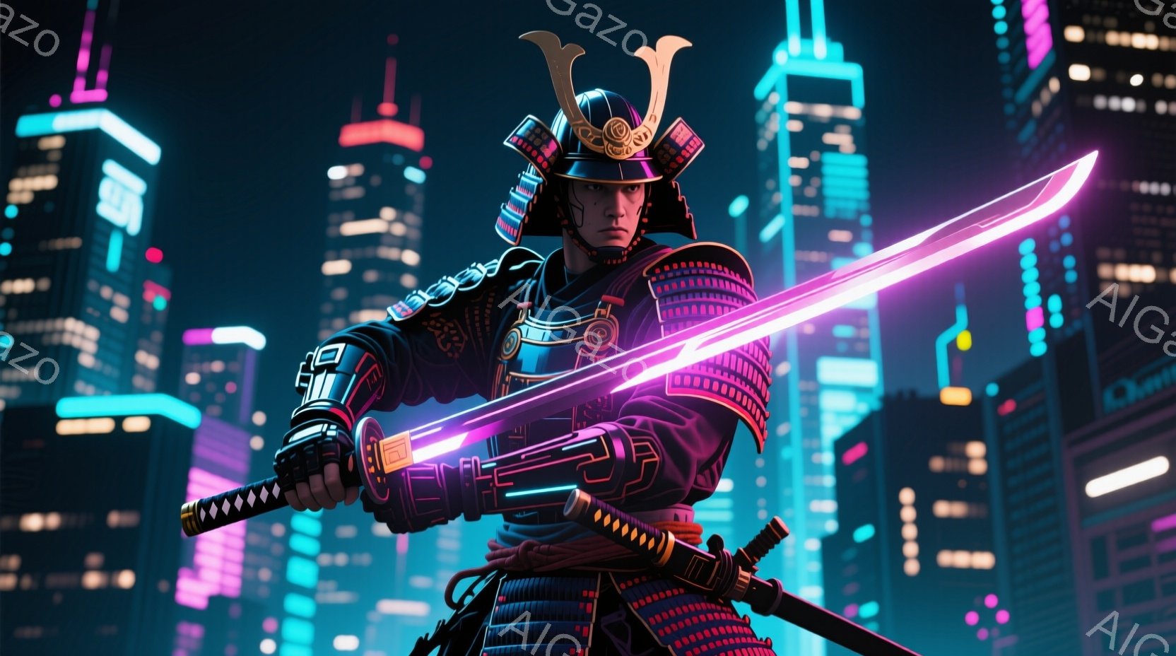 彼は黒い鎧を身に着け、赤い装飾が施された兜を被っている武士だ。鋭い眼差しでまっすぐ前を見据え、光り輝く紫色の刀を両手で構えている。背景にはネオン輝く高層ビル群が立ち並び、近未来的な都市の夜景が広がっている。