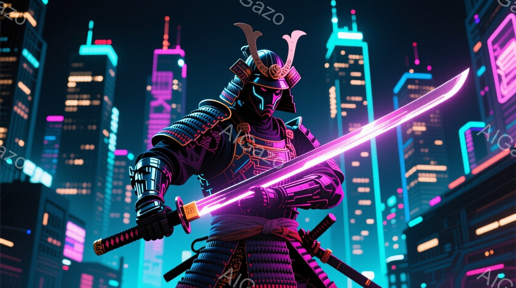 鮮やかなネオンライトが照らす未来都市を背景に、黒い鎧を身につけた武士が描かれている。武士は腰に二本の刀を携え、片手で光る紫色の刀を構えている。未来的な高層ビル群と武士の伝統的な姿のコントラストが、独特の雰囲気を作り出している。