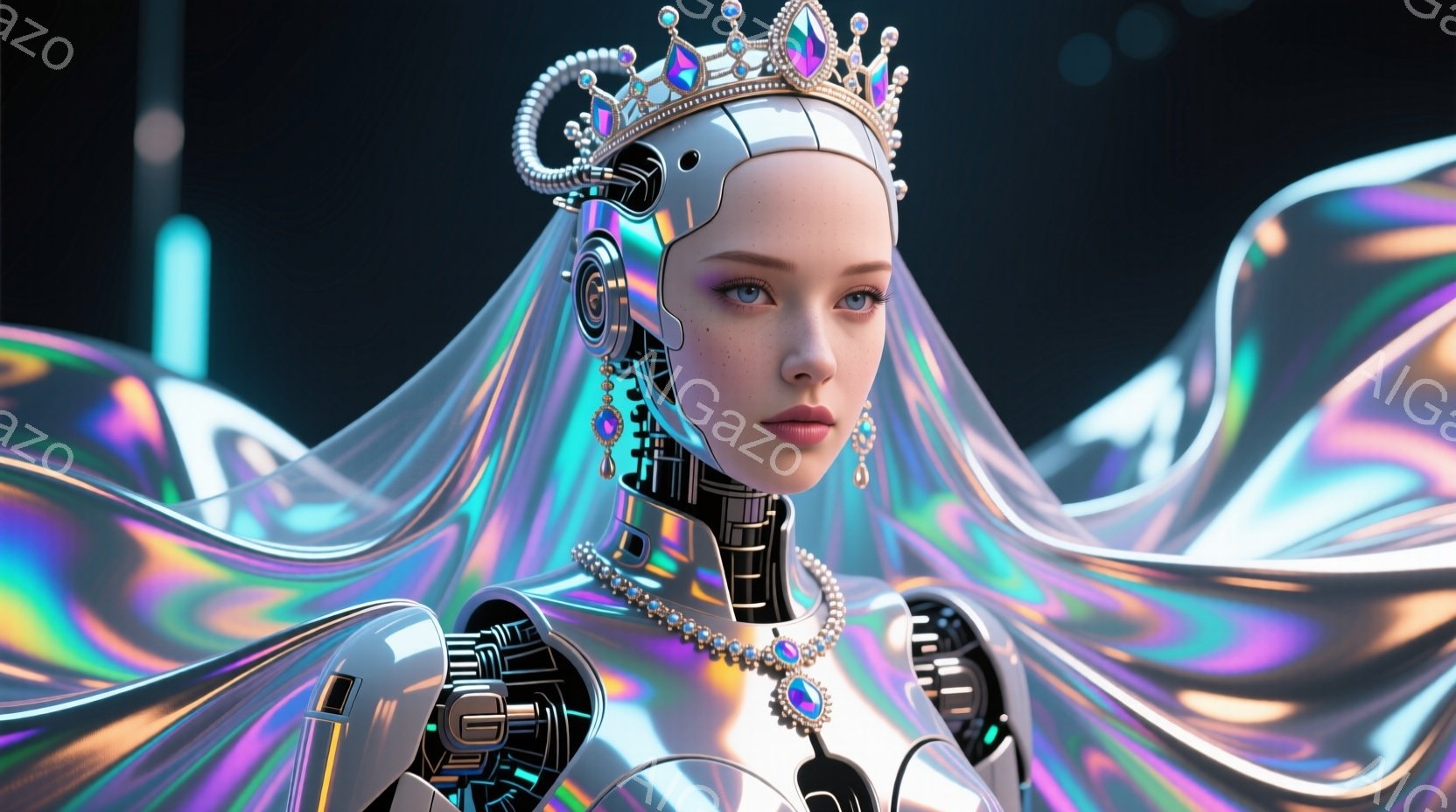 画像は未来的な女性ロボットのポートレートで、銀色の複雑な機械構造の首と肩を持つ。彼女は虹色に輝く、流れるような長い髪と、宝石で飾られたティアラを身につけており、表情はやや冷たく、威厳がある。背景は暗く - AI生成フリー素材