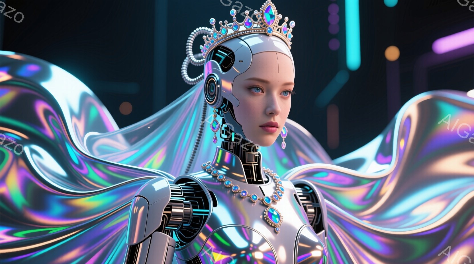 未来的な女性ロボットが描かれています。彼女は銀色の複雑な装飾が施されたボディと、宝石をあしらったネックレスとティアラを身に着けており、その表情はどこか神秘的で、冷たい輝きを放っています。背景は虹色に輝く流動的な布のようなもので、近未来的な雰囲気と、彼女の独特な存在感を際立たせています。