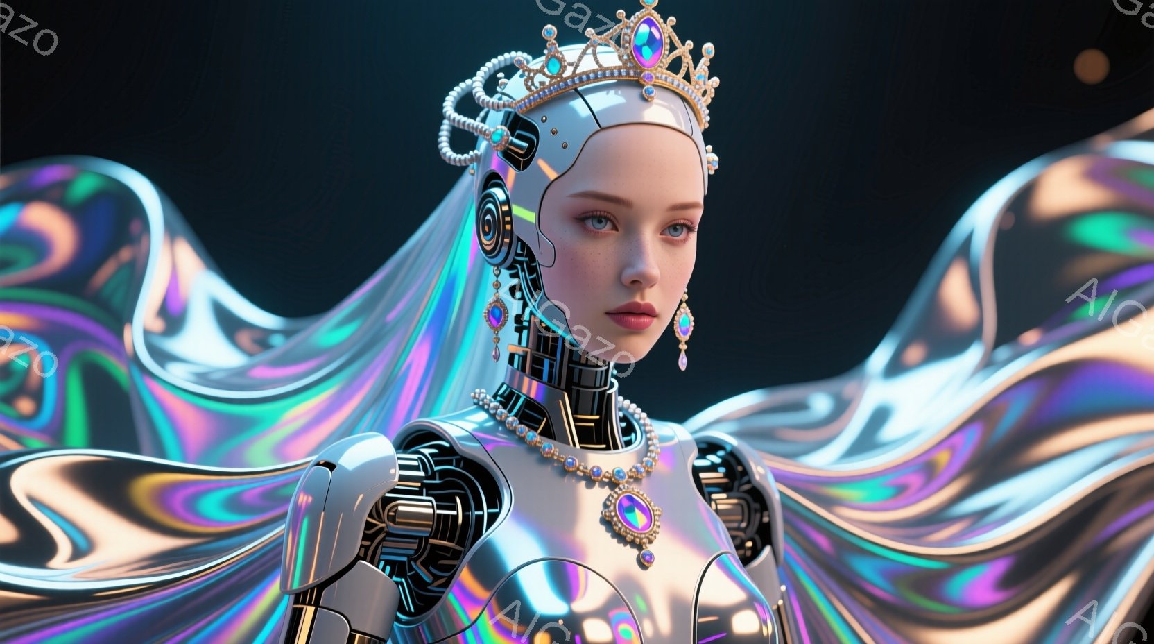 白い長い髪をなびかせ、銀色の複雑な構造を持つロボットが描かれている。彼女は宝石が散りばめられたティアラとネックレスを身につけ、首元にはメカニカルな構造が露出している。背景は虹色の渦巻くような光の抽象的 - AI生成フリー素材