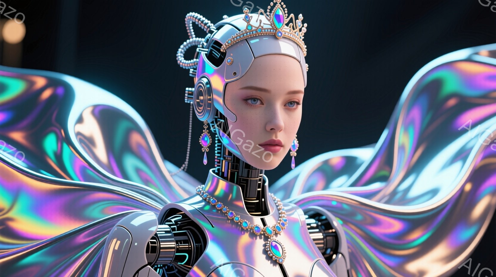 この女性は、未来的な機械的な要素と伝統的な美しさが見事に融合した姿をしている。彼女は銀色の複雑な機械的構造を持つ首飾りと頭飾りを身につけ、滑らかな肌と青い瞳が印象的で、わずかに口を開けている表情はどこか神秘的だ。背景には虹色に輝く流動的な波のような構造が広がり、彼女の神秘的な雰囲気をさらに強調している。