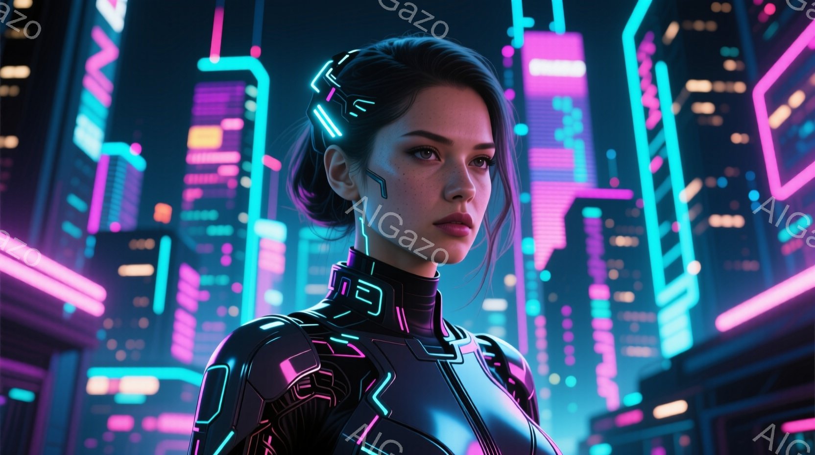 未来的な都市を背景に、黒髪の女性が描かれている。彼女は光るラインが施された黒いスーツを着ており、クールで自信に満ちた表情をしている。背景には、ネオンライトで彩られた高層ビル群が立ち並び、サイバーパンク - AI生成フリー素材