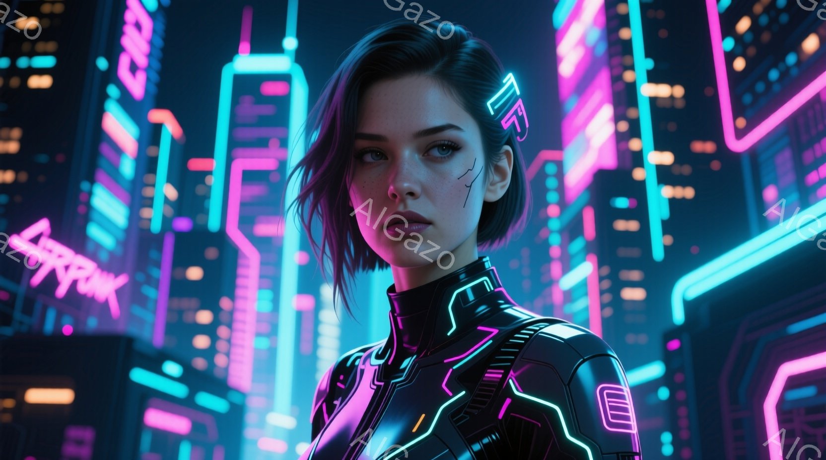 この女性は、近未来的なデザインの黒い服を着ており、首元には光るラインが走っています。彼女は短くダークなヘアスタイルで、鋭い眼差しで正面を見つめており、わずかに口を開けています。背景にはネオンライトが輝 - AI生成フリー素材