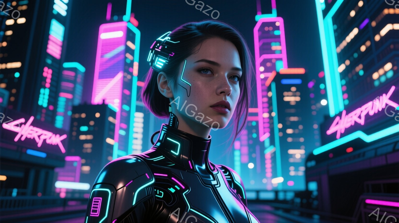 未来的な都市の背景に、サイバーパンク風の女性が写っている。彼女は光沢のある黒いスーツを着ており、首元と頬にネオンライトのような装飾が施されている。その表情は自信に満ちており、未来的な都会の夜にぴったり - AI生成フリー素材