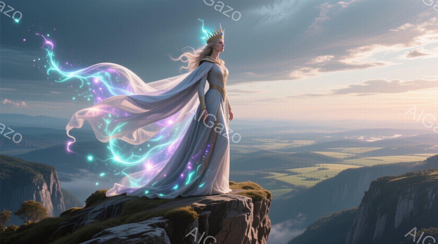 白い豪華なガウンを身につけた女性が、険しい崖の上に立っている。彼女の長い金髪は風になびき、頭には繊細な王冠が輝いている。背景には緑豊かな山々が広がり、霧が立ち込める渓谷と、夕焼けに染まる空が、神秘的で壮大な雰囲気を醸し出している。
